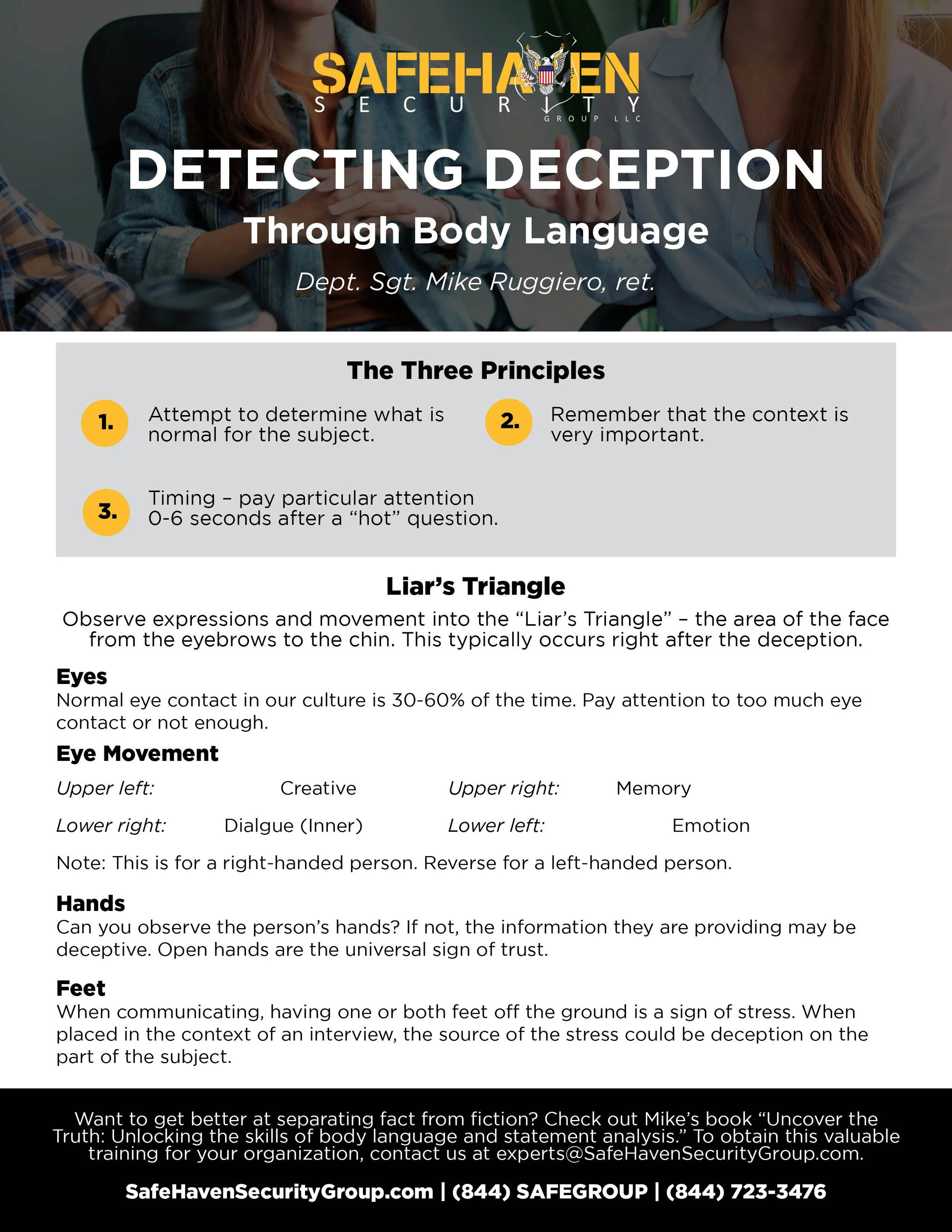 Cover page for Safe Haven Security Group LLC presentation on detecting deception through body language, featuring a man in a blue shirt contemplating, with the Safe Haven Security logo at the top.