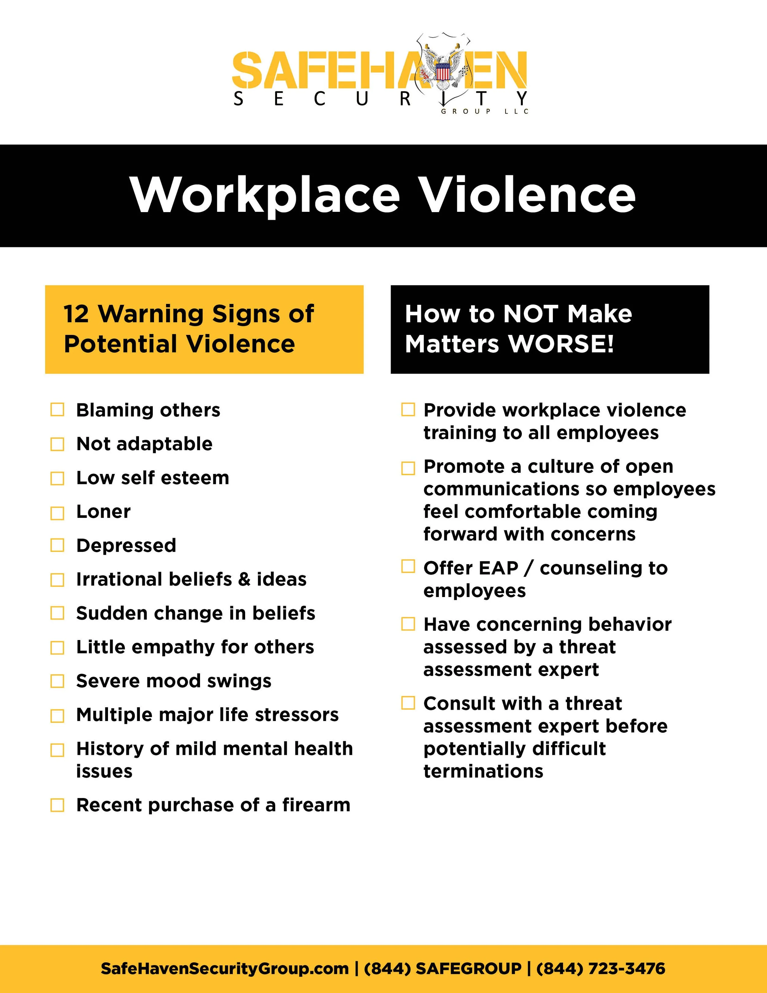 List of 12 warning signs of potential violence including blaming others, not adaptable, low self-esteem, loner, depressed, irrational beliefs & ideas, sudden change in beliefs, little empathy, severe mood swings, multiple life stressors, history of mental health issues, recent firearm purchase. Company logo for SafeHaven Threat Management at the bottom.