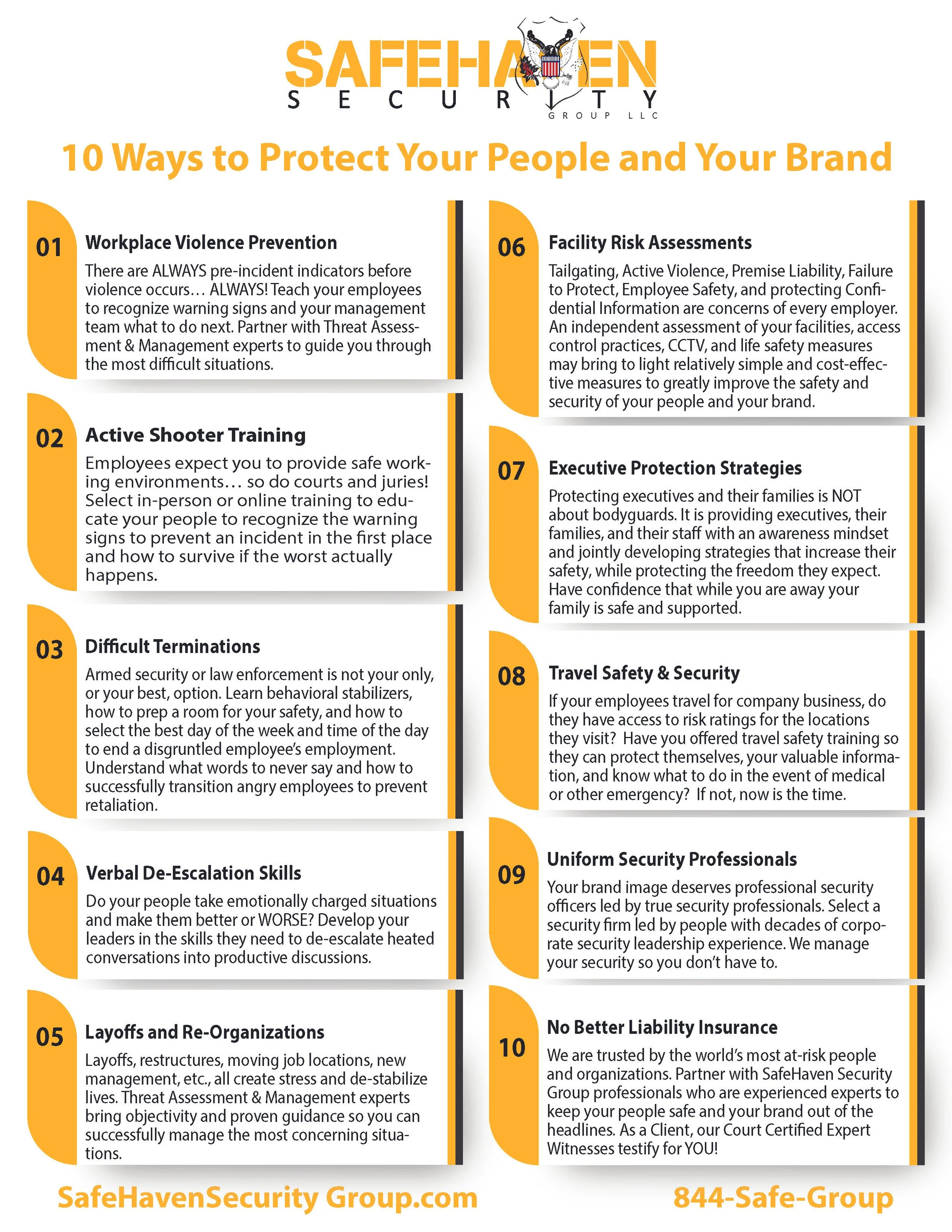 10 safety tips for protecting people and brand by SafeHaven Security Group. Tips include workplace violence prevention, active shooter training, difficult terminations, verbal de-escalation skills, layoffs, facility risk assessments, executive protection strategies, travel safety, security professionals, and liability insurance.