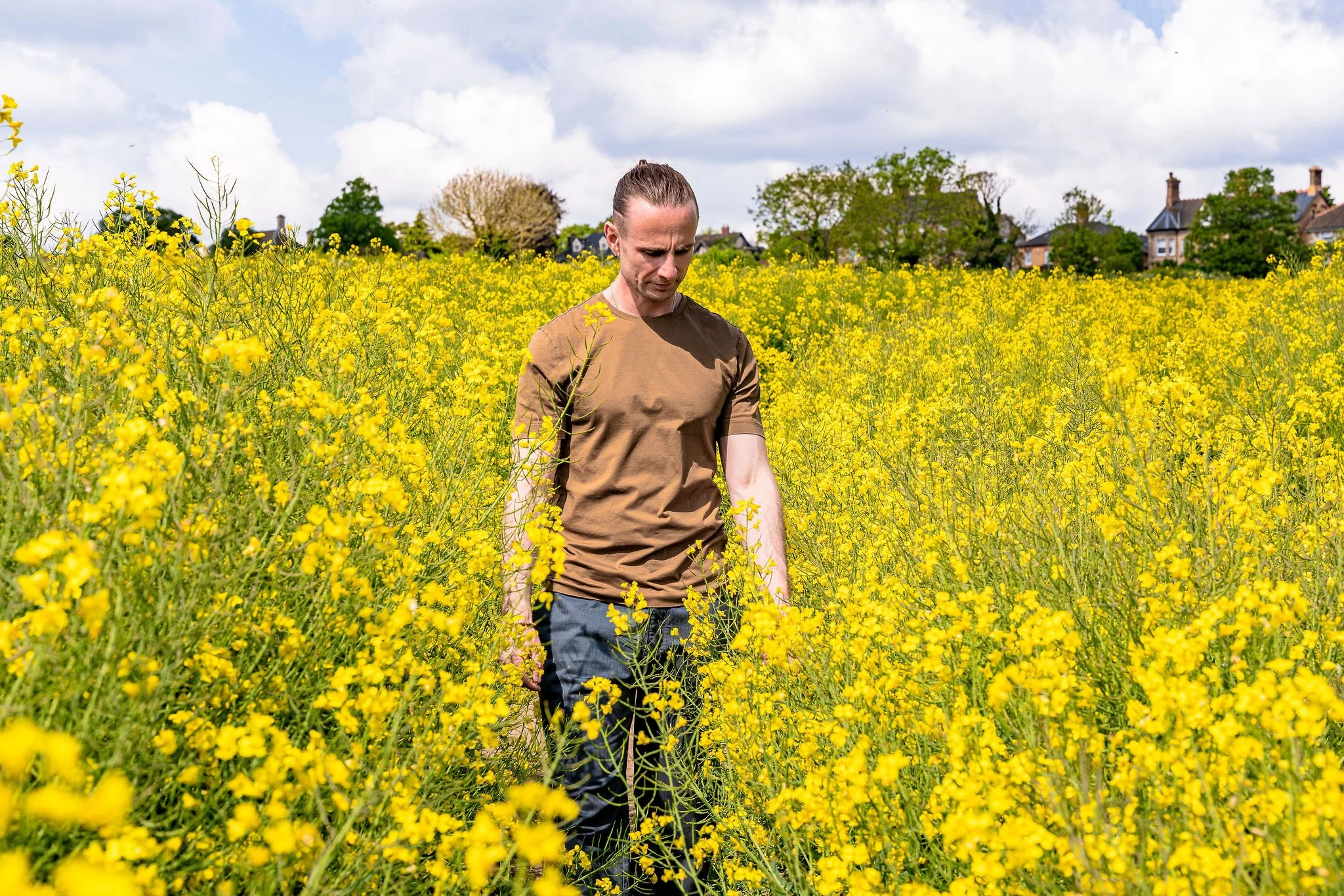 A man in a brown T-shirt and dark pants walking through a field of yellow flowers under a partly cloudy sky, with houses and trees in the background.