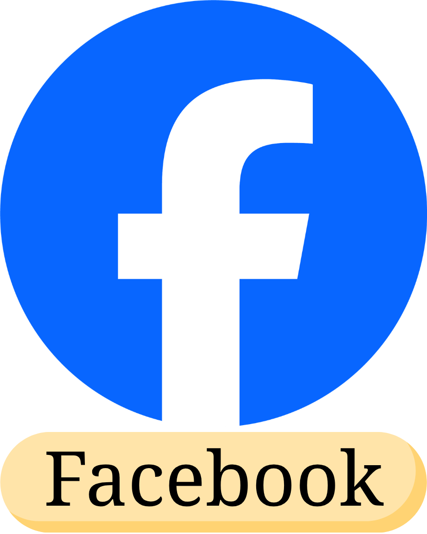 Facebook logo with a blue circle and a white lowercase 'f', and a beige oval with the word 'Facebook' in black text.