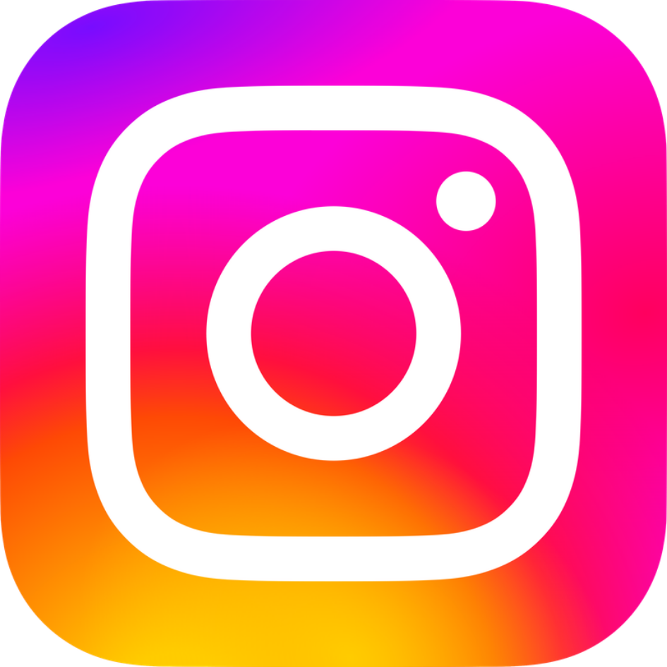 Instagram logo with a white camera icon on a colorful gradient background of pink, purple, orange, and red.