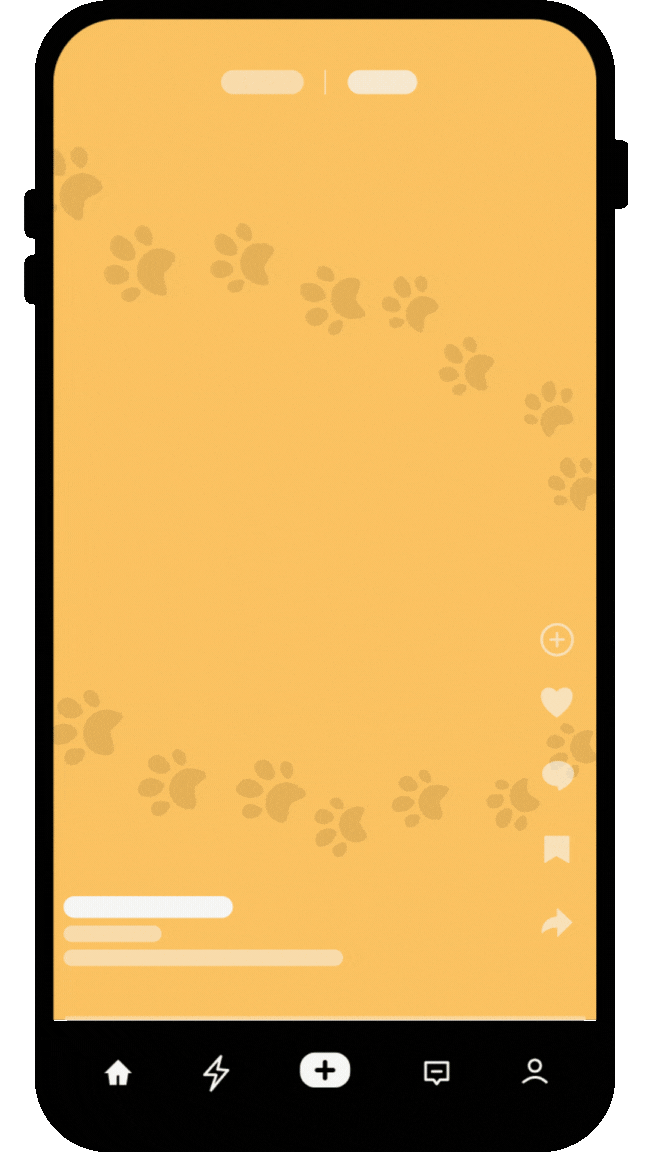 Mobile phone screen with a yellow background decorated with paw prints, showing an app interface with icons on the right and bottom.
