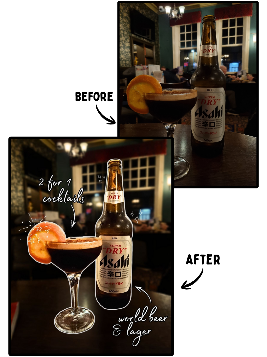 photography promoting a sale of beer, lager and cocktails for a local pub