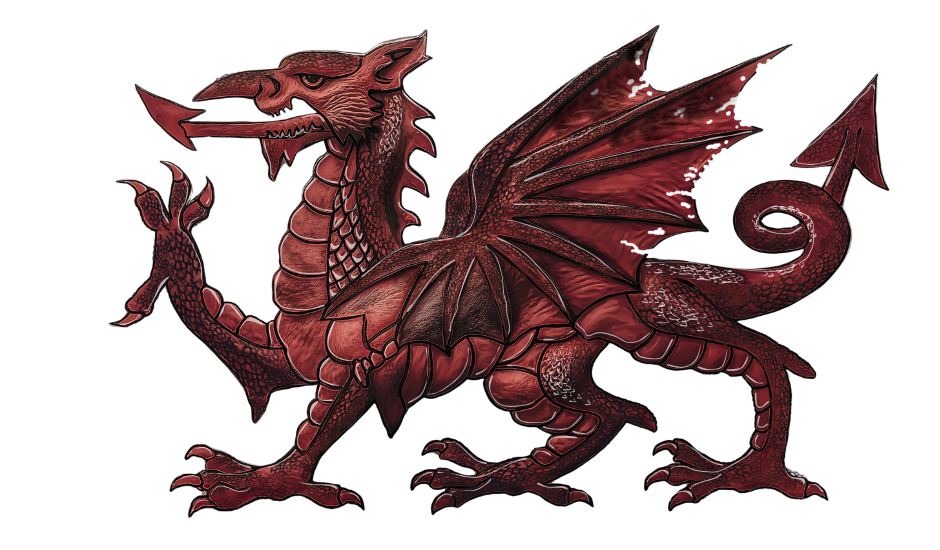 Illustration of a red dragon with large wings, sharp claws, and a long tail.