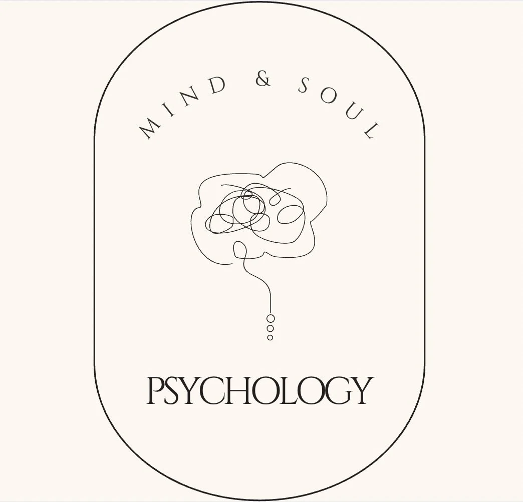 Minimalist design with an outline of a brain made of scribbles, above the words "Mind & Soul" curved at the top and "Psychology" in bold at the bottom, all enclosed in an oval outline.