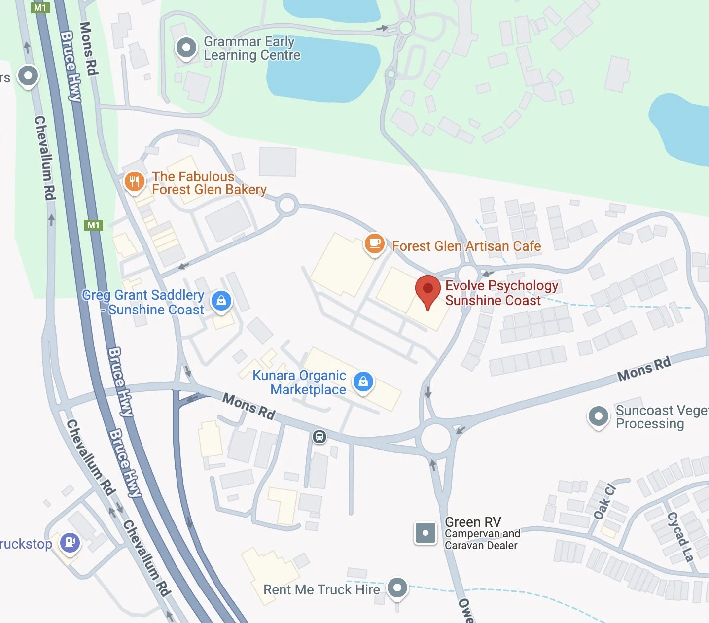 Map showing location of Evolve Psychology Sunshine Coast and nearby landmarks including Forest Glen Artisan Cafe, Forest Glen Bakery, Greg Grant Saddlery, Kunara Organic Marketplace, Green RV dealership, and surrounding roads.