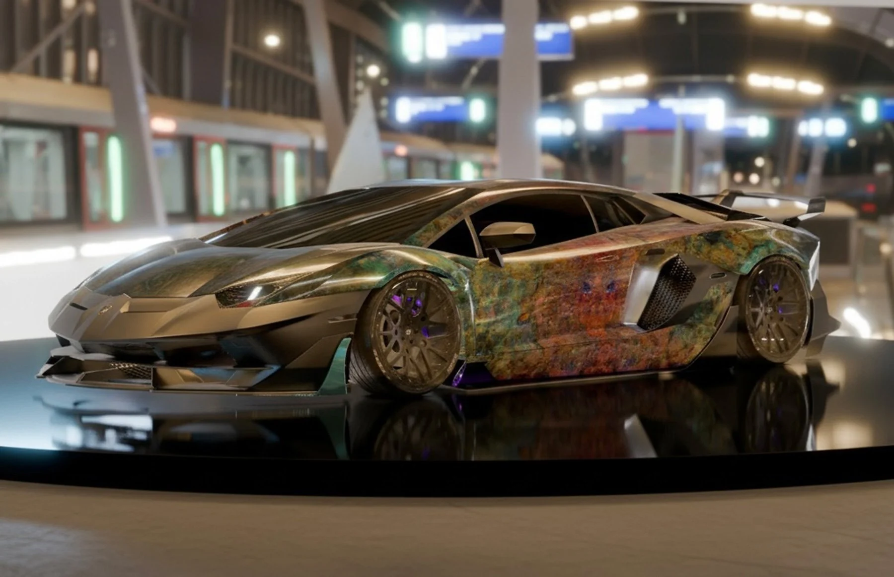 A model of a Lamborghini sports car with a colorful, abstract swirling design on its body, displayed indoors with bright lights and modern architecture in the background.