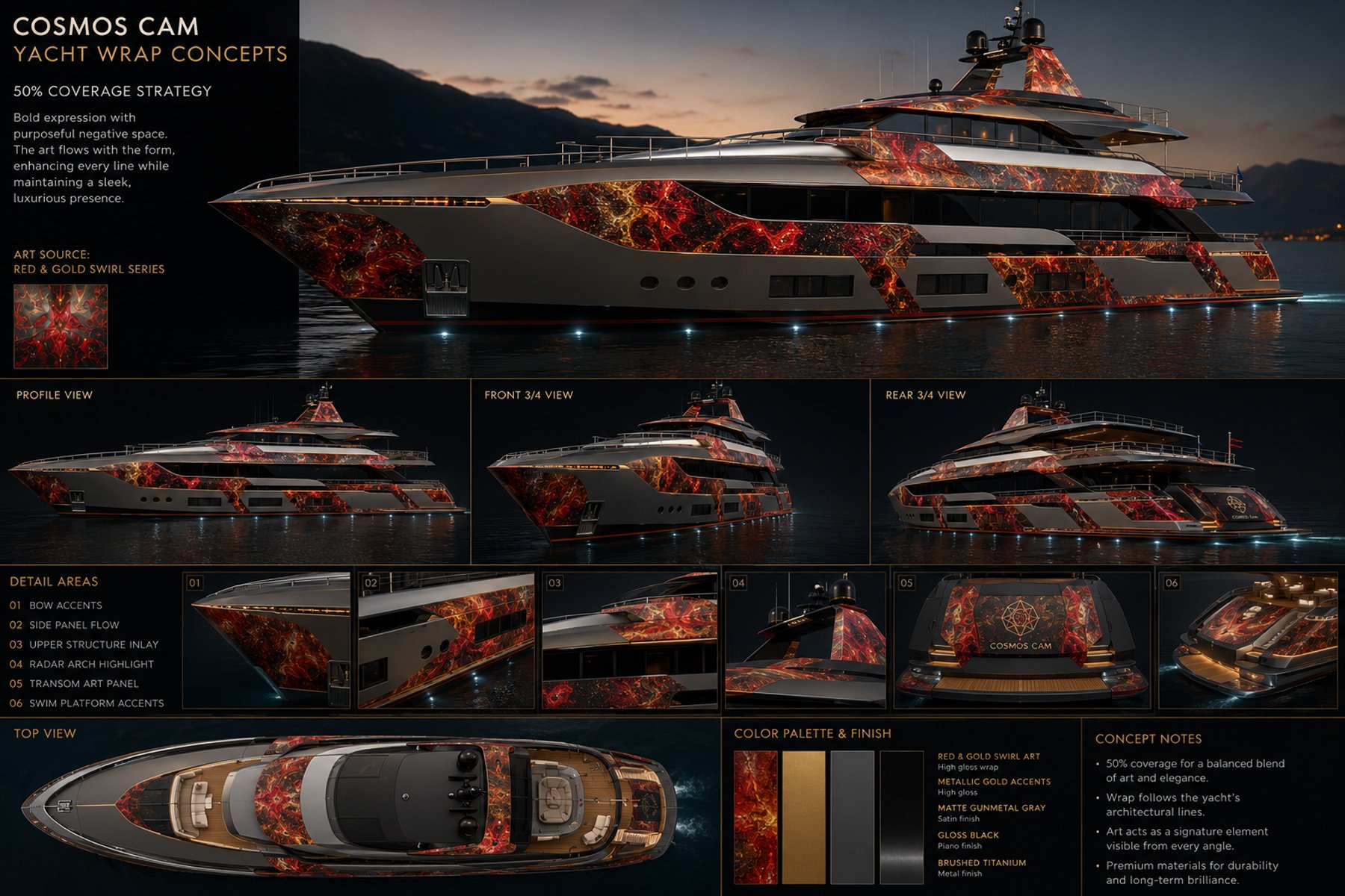 A luxury yacht with a black, red, and gold swirling art wrap design, shown from various angles including profile, front 3/4, rear 3/4, top view, and close-up detail sections. The background features a dark water scene with mountains and a sunset or dusk sky. The image includes design concept notes, color palette, and detail areas for the yacht's exterior wrap.