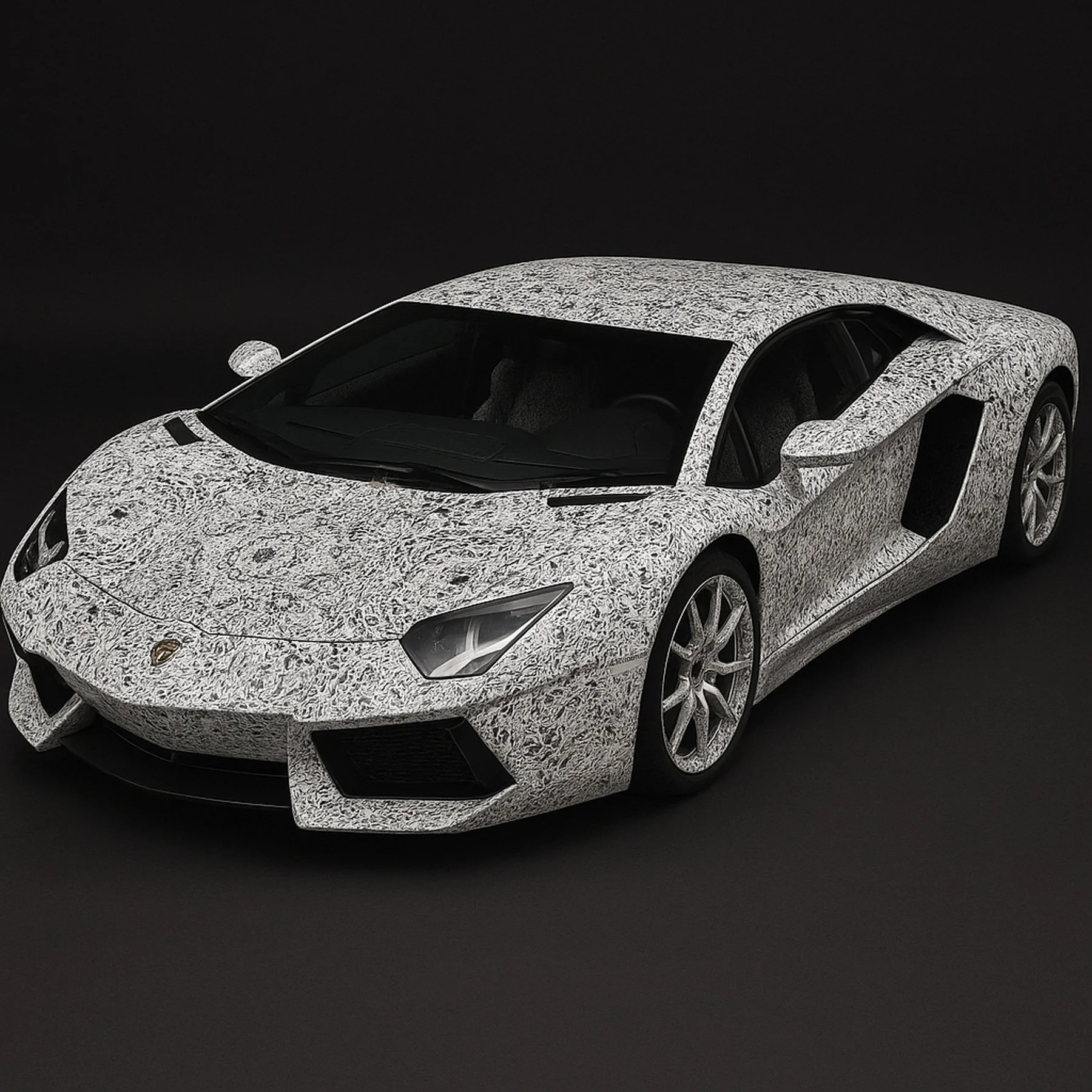A sports car with a camouflage pattern designed for testing or mockup purposes, set against a black background.