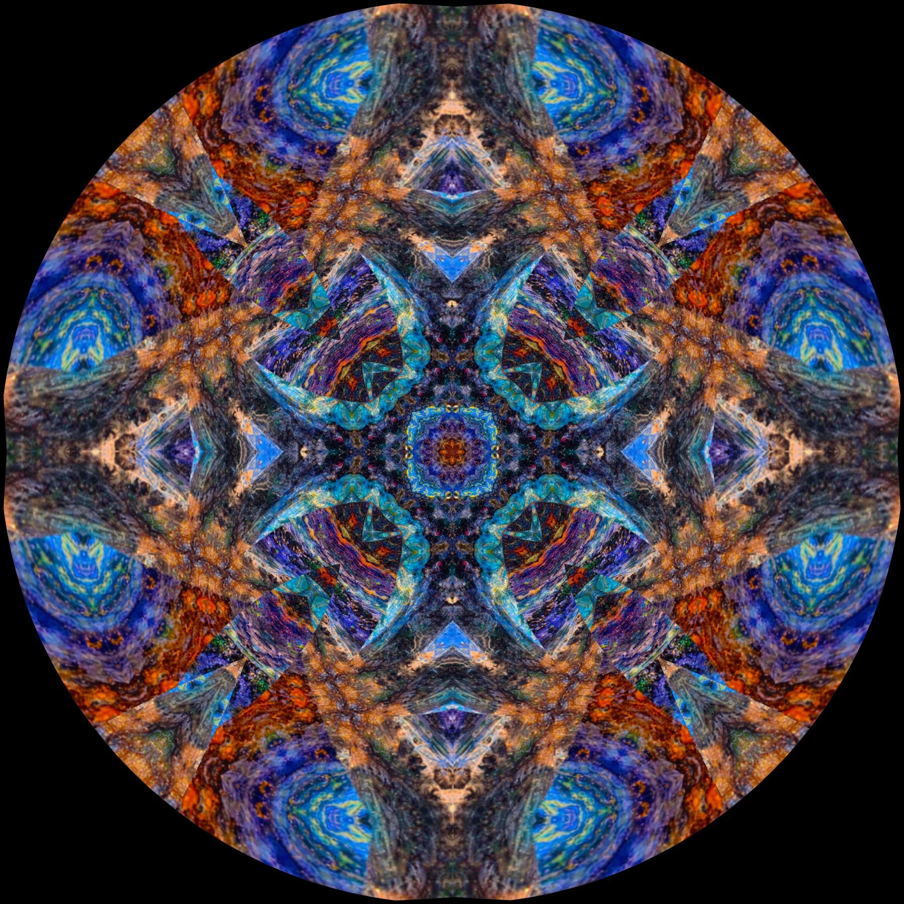 A symmetrical, kaleidoscope-like digital artwork with vibrant colors of blue, orange, purple, and green, creating intricate patterns and geometric shapes.