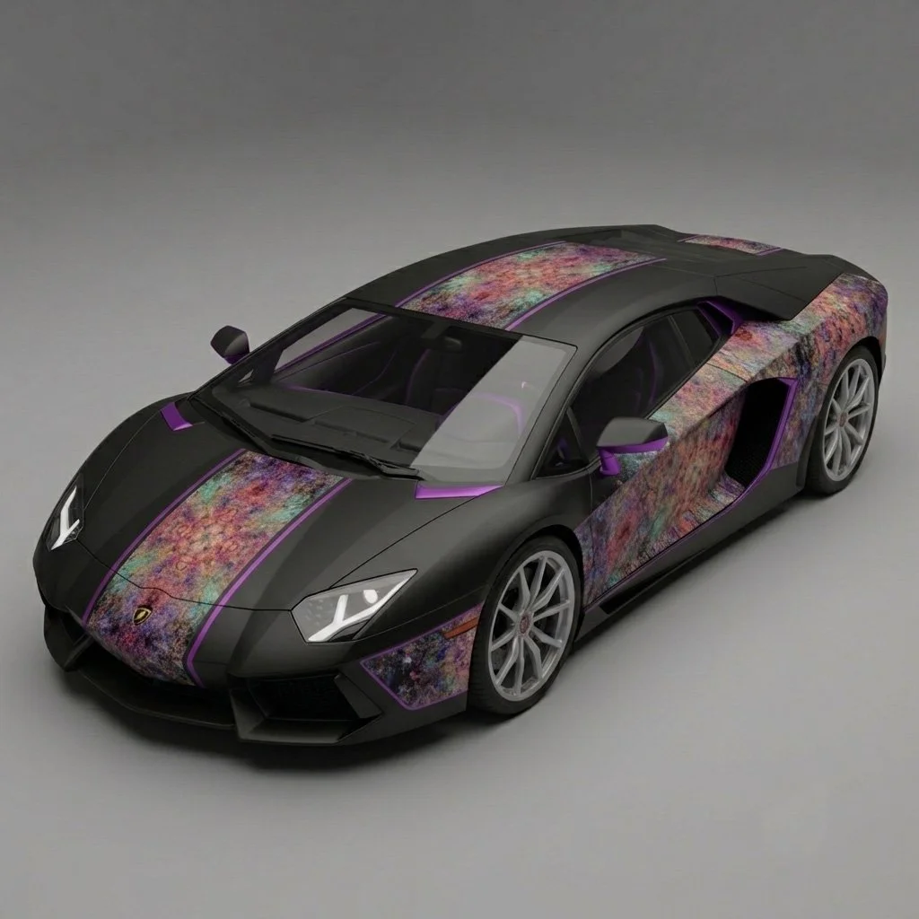 Black Lamborghini sports car with colorful abstract vinyl wrap and purple accents, shown from a top front-side view.