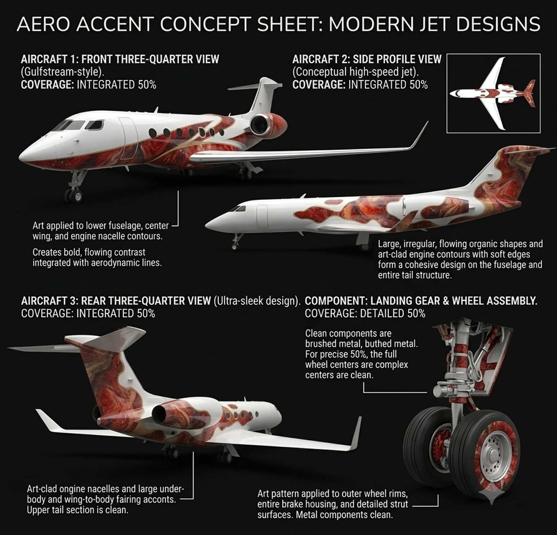 Diagram of a modern jet aircraft with artistic red and white swirl patterns, highlighting different views and design features including front three-quarter, side profile, and rear three-quarter views, with details on wing, fuselage, engine nacelles, wheel assembly, and tail structure.