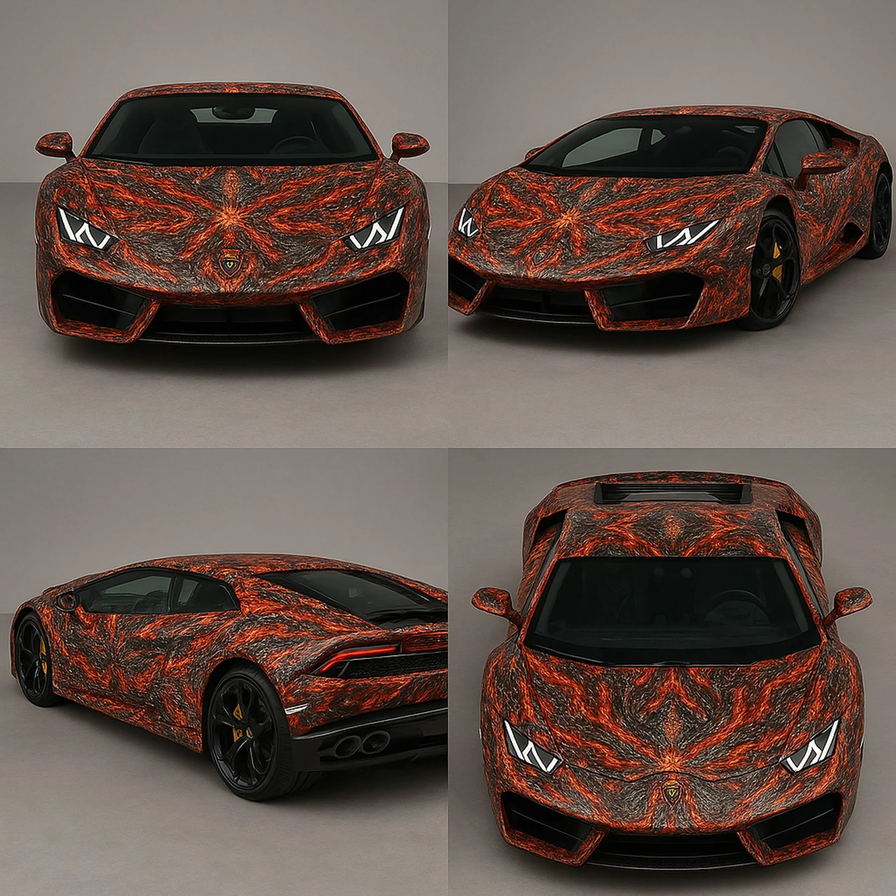 A luxury sports car with a vibrant orange and black swirling pattern wrap, shown from multiple angles including front, side, and top views, set against a plain background.