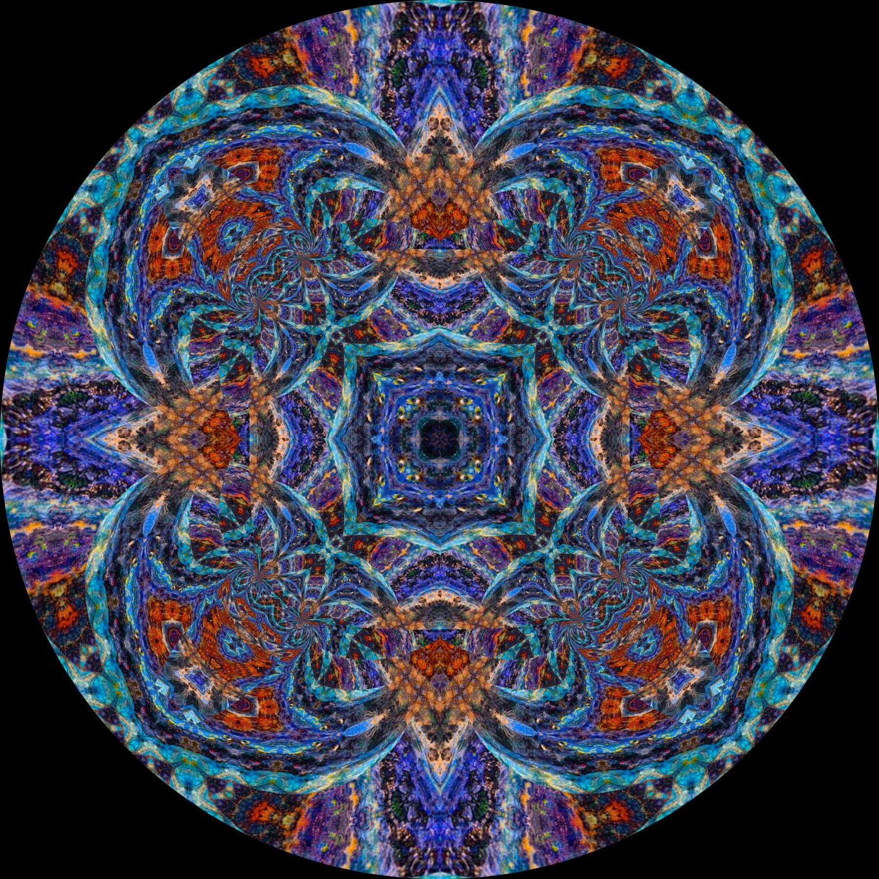 A digitally manipulated abstract image with vibrant colors and symmetrical patterns, resembling a kaleidoscopic or fractal design, with a circular shape and intricate, layered details.