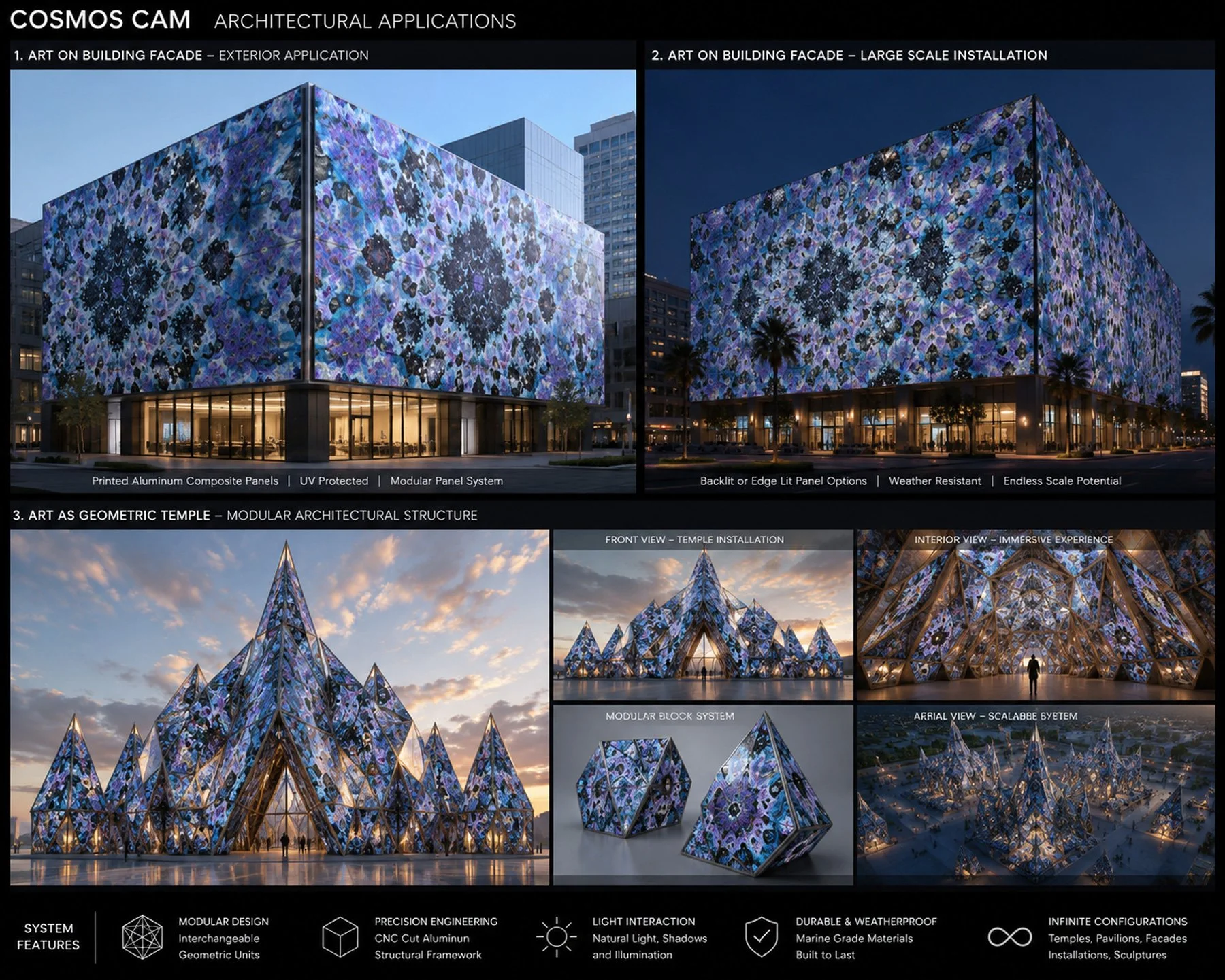 Renderings of a large, modern building with a colorful, patterned facade illuminated at night. The building features modular, geometric design elements with illuminated panels, designed for architectural applications.