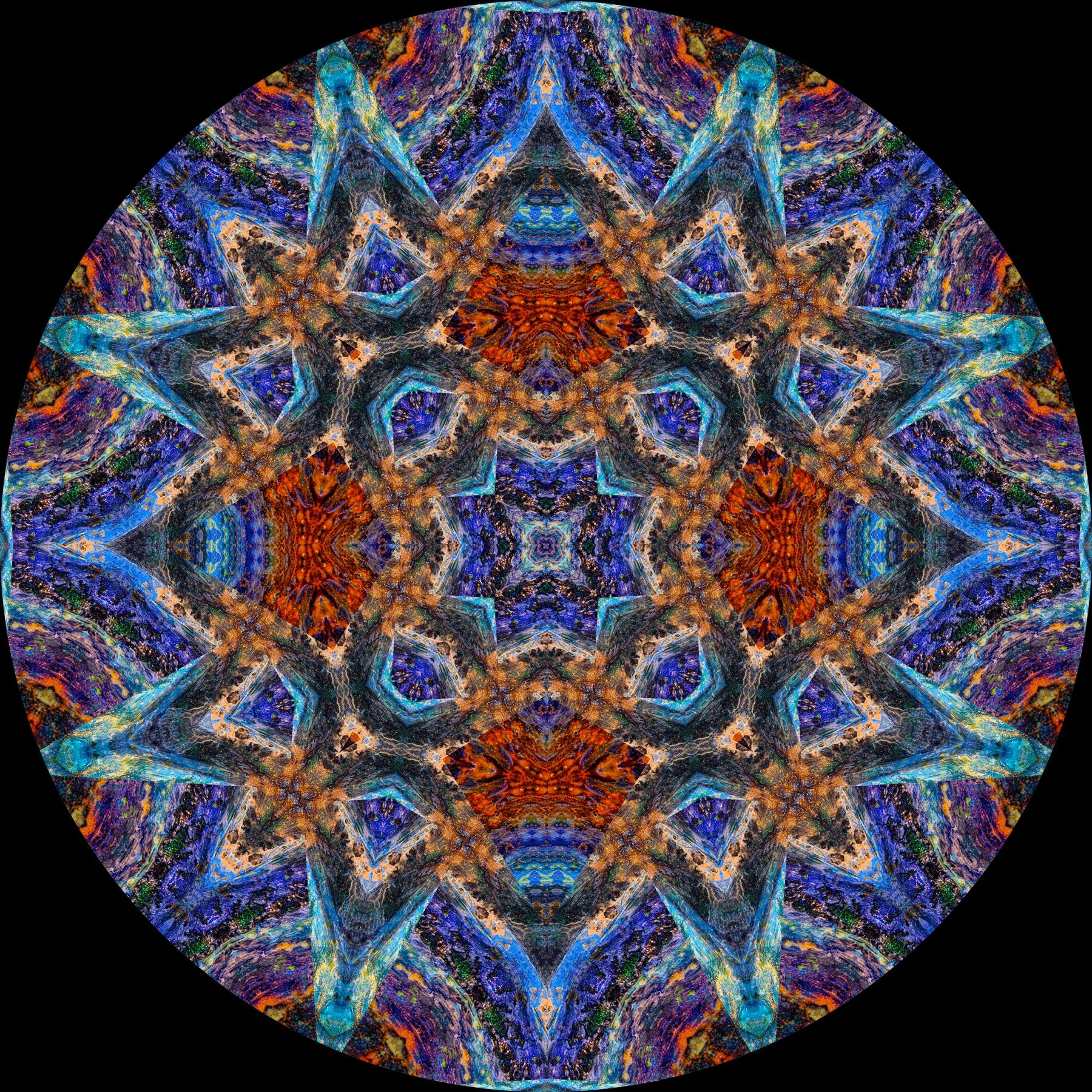 A vibrant, symmetrical, kaleidoscopic digital artwork with patterns resembling star shapes, in shades of blue, purple, orange, and black, against a black background.