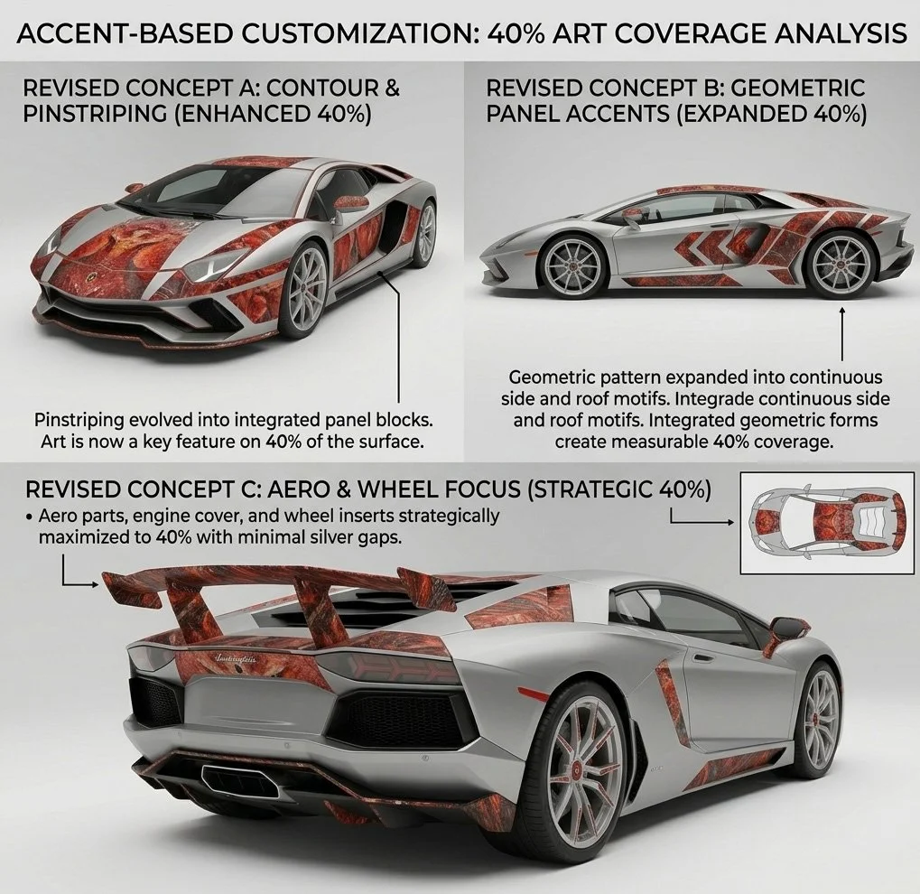 An infographic showing a Lamborghini sports car with accent-based customization, divided into three conceptual designs. The first design features contour and pinstriping a 40% art coverage. The second design has expanded geometric panel accents also totaling 40%. The third design emphasizes aero parts, engine cover, and strategic wheel inserts, focusing on 40% overall coverage with minimal gaps.
