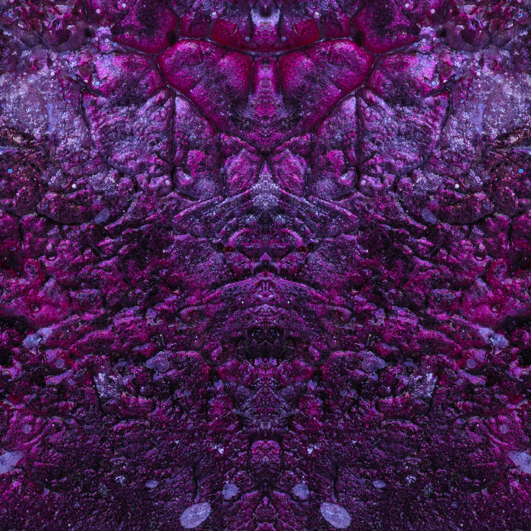 Close-up of a textured surface with various shades of pink, purple, and black, displaying a symmetrical, abstract pattern.