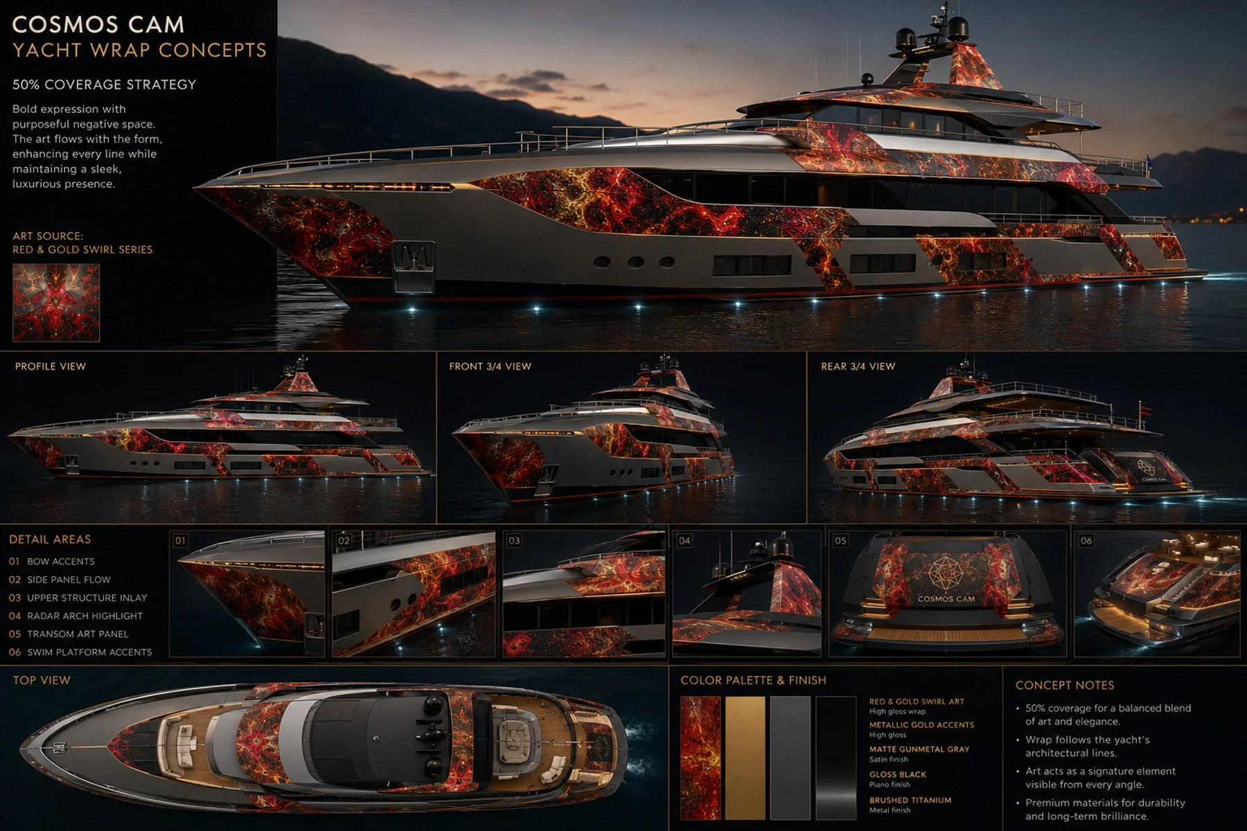 Design proposal for a luxury yacht featuring a red and gold swirl art wrap concept. The image shows various views of the yacht including profile, front, rear, and top, highlighting the bold, sleek wrap design along with detailed areas and the color palette. The concept emphasizes a balanced blend of art and elegance with durable, long-term materials.