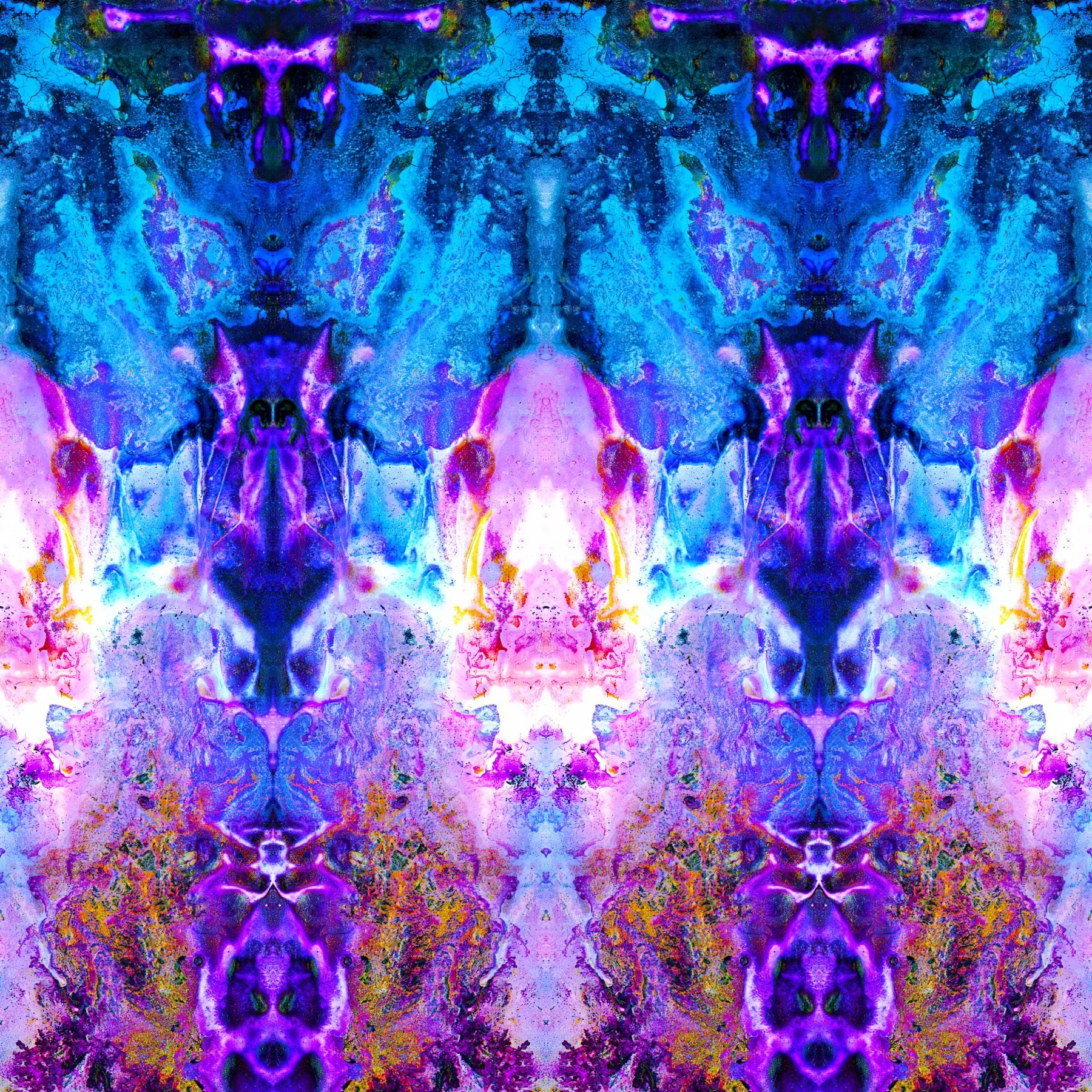 A symmetrical, abstract painting with vibrant shades of purple, blue, pink, and hints of green and yellow, resembling a Rorschach inkblot with a kaleidoscopic pattern.