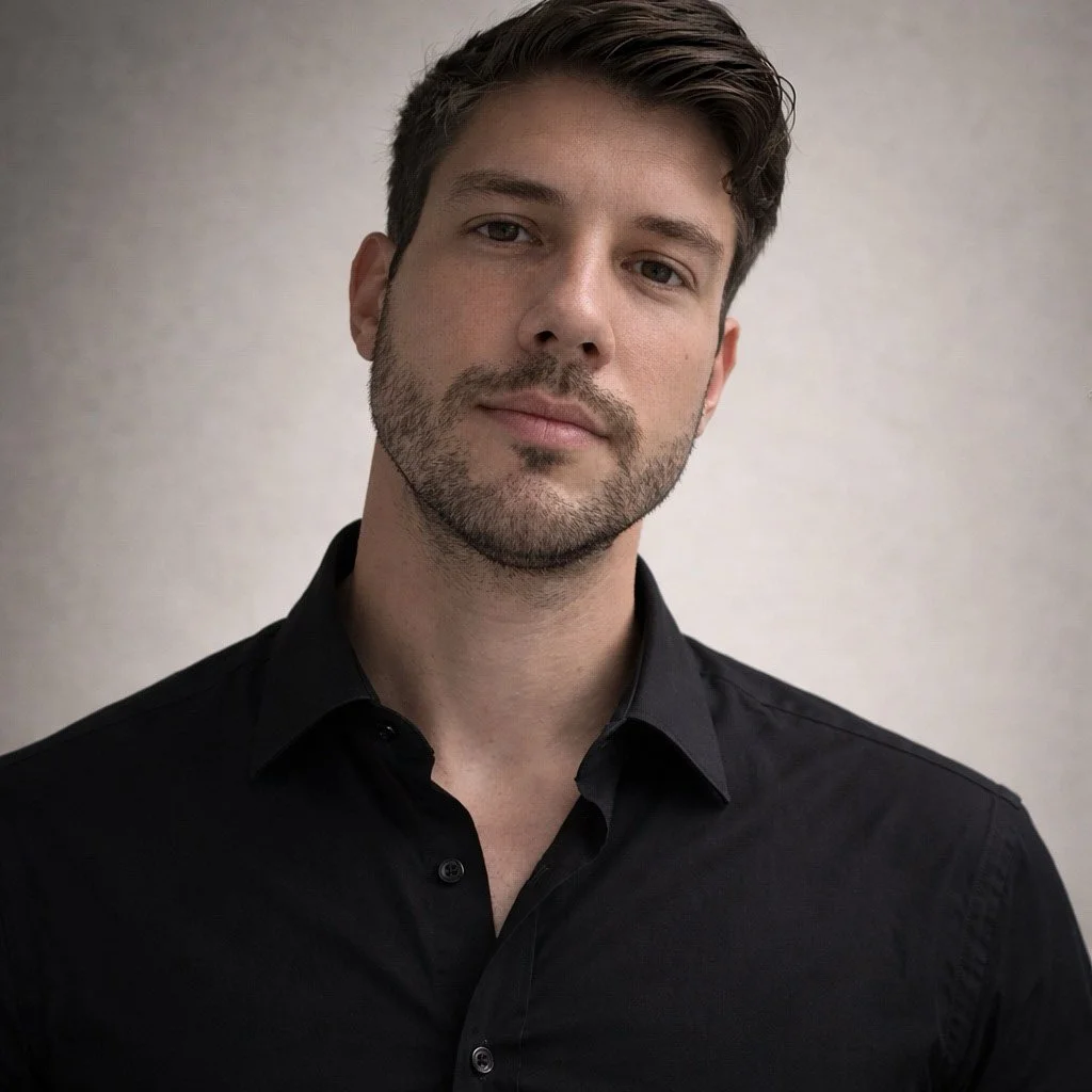 A young man with dark hair and a beard wearing a black button-up shirt, standing against a plain, light-colored background.