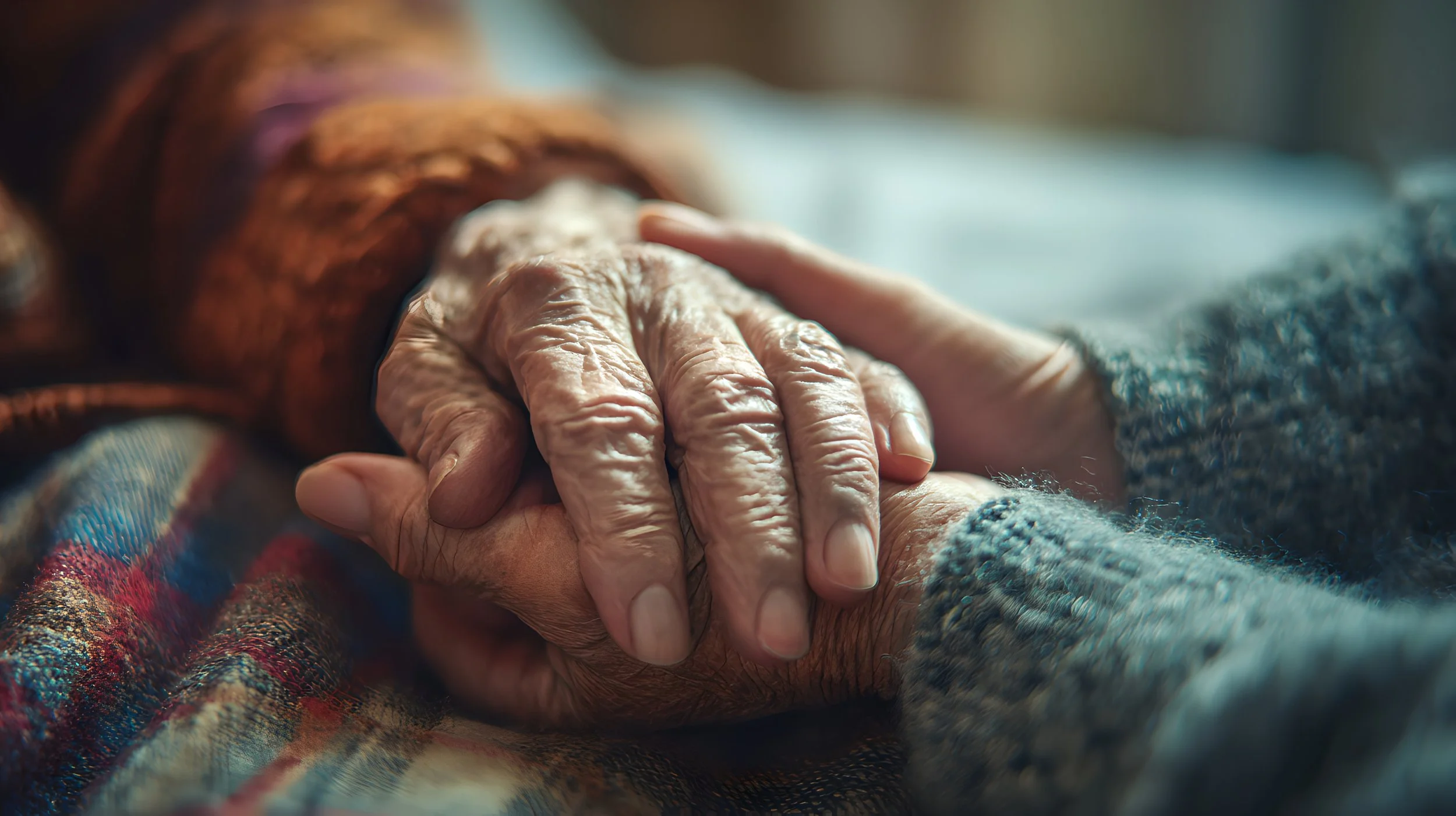 Close-up of elderly person's hand resting gently on another person's hand, both hands on a colorful blanket.
