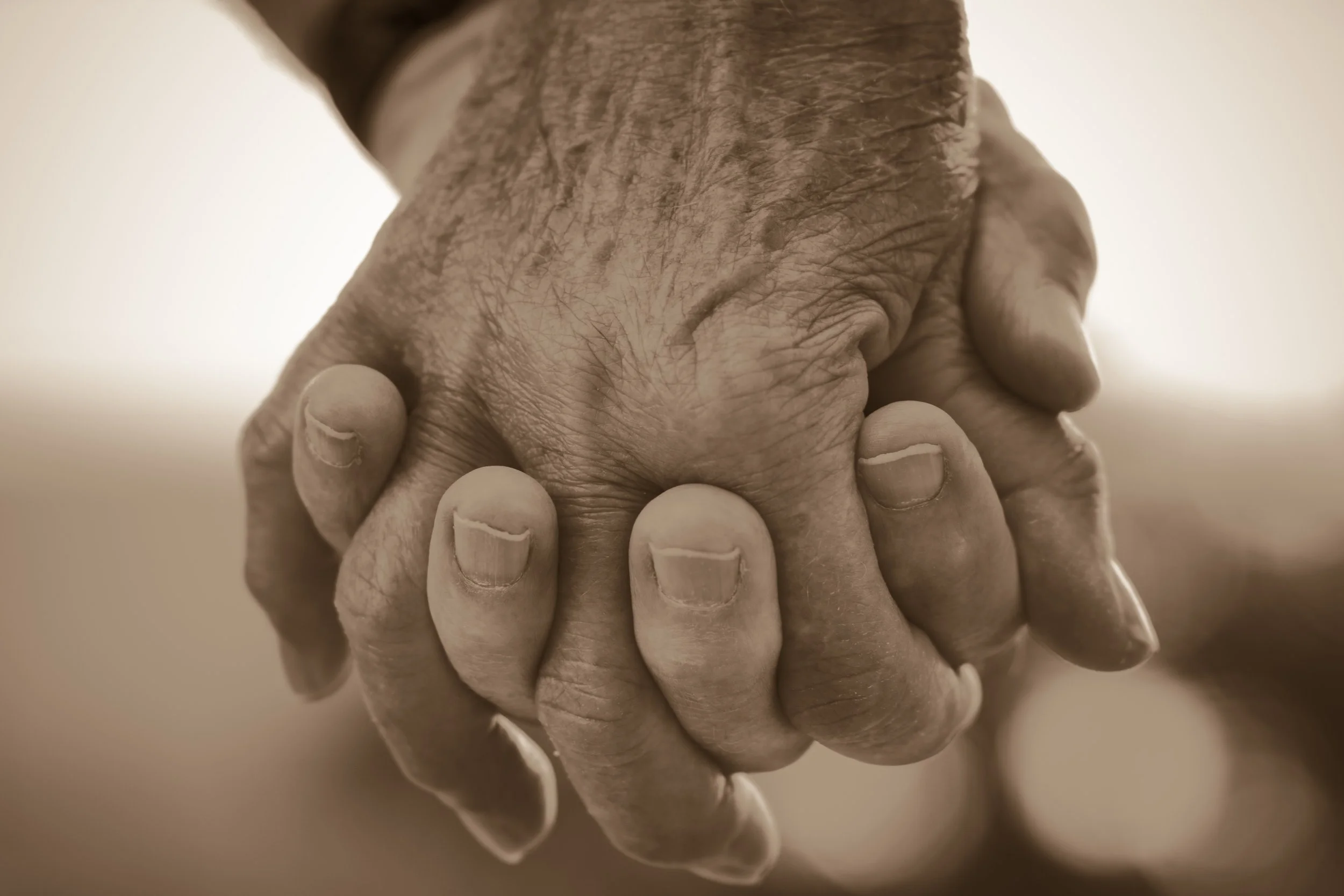 Close-up of two hands holding each other, showing wrinkles and details of the skin.