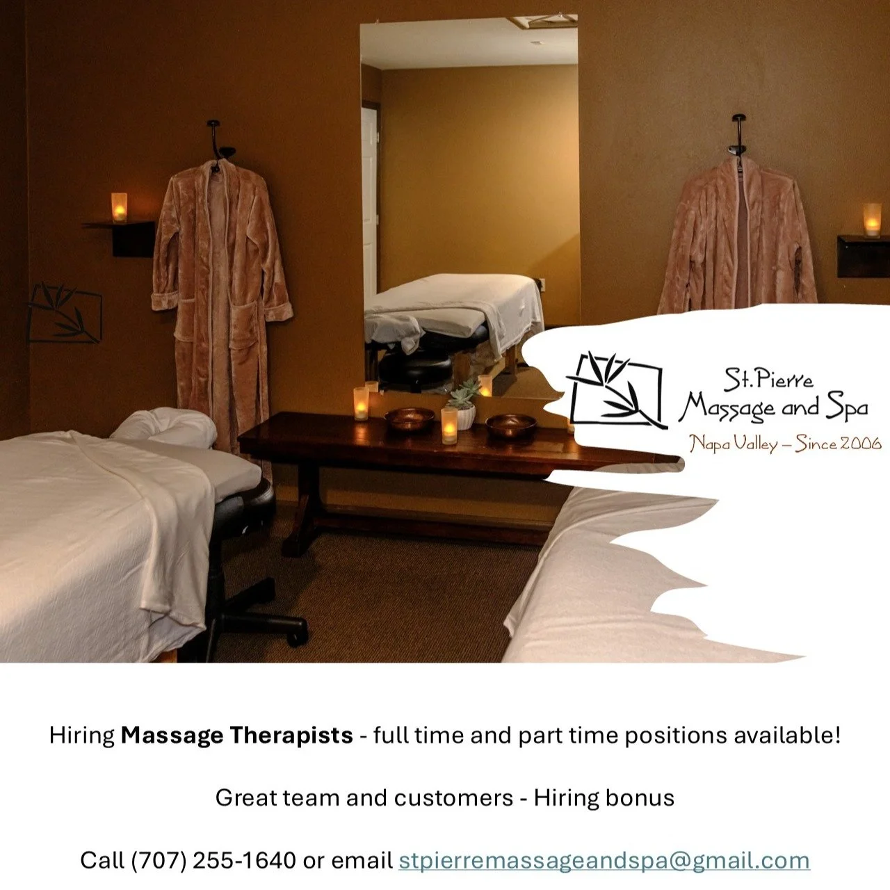 🌿 Now Hiring Massage Therapists!
Join the St. Pierre Massage & Spa team in beautiful Napa Valley!
We’re looking for passionate, licensed therapists who value wellness, professionalism, and genuine care.
✨ Supportive team
✨ Calm, drama-fre