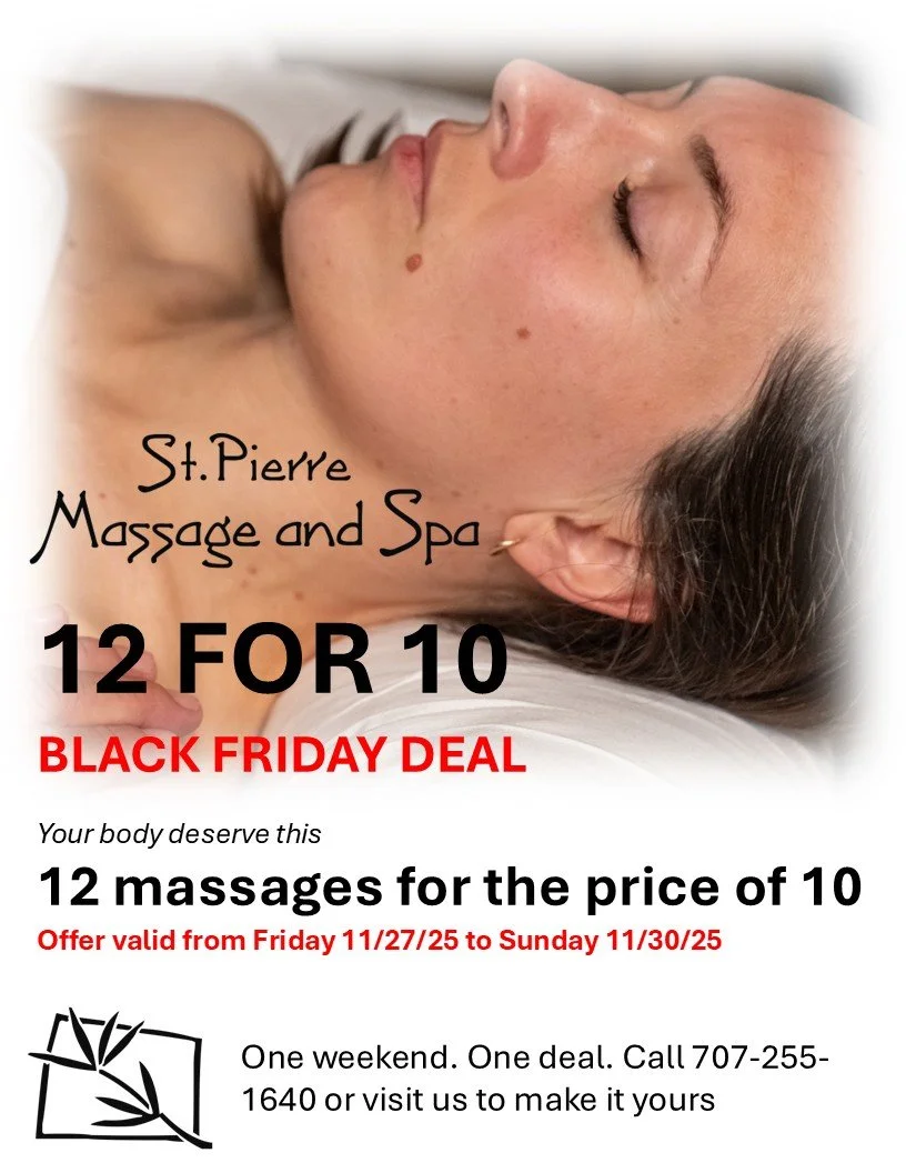 ✨ Our Biggest Deal of the Year Is Here! ✨
Black Friday at St. Pierre Massage &amp; Spa means pure wellness at an unbeatable value.

Relax, restore, and recharge with our 12 massages for the price of 10 Black Friday special &mdash; available Friday 11