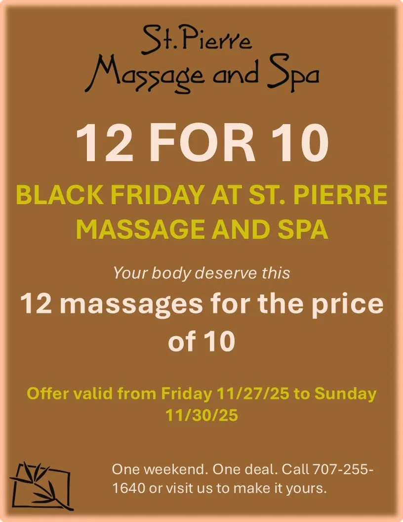 ✨ Our Biggest Deal of the Year Is Here! ✨
Black Friday at St. Pierre Massage &amp; Spa means pure wellness at an unbeatable value.

Relax, restore, and recharge with our 12 massages for the price of 10 Black Friday special &mdash; available Friday 11