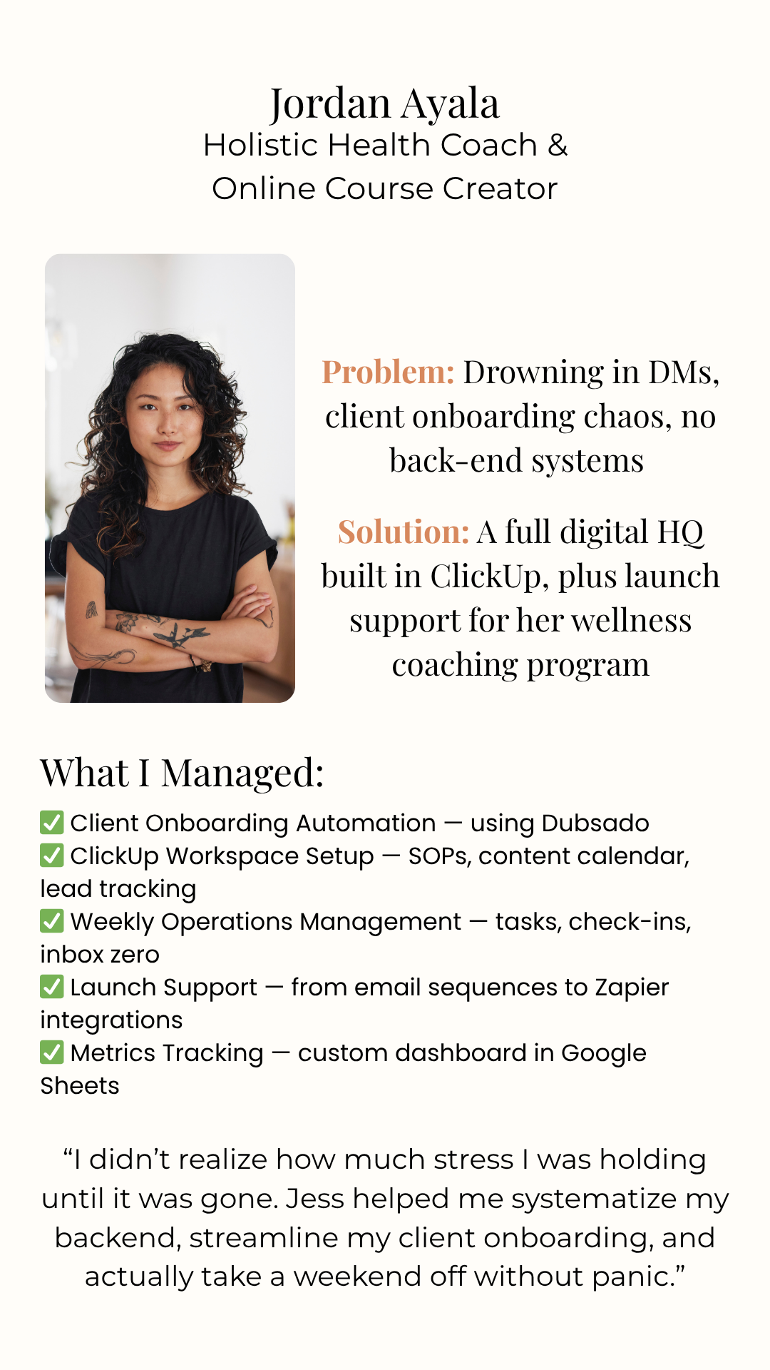 "Online Business Management client success case study for Jordan Ayala, a holistic health coach and course creator. The testimonial graphic highlights OBM services including ClickUp setup, client onboarding automation, weekly operations, and launch s