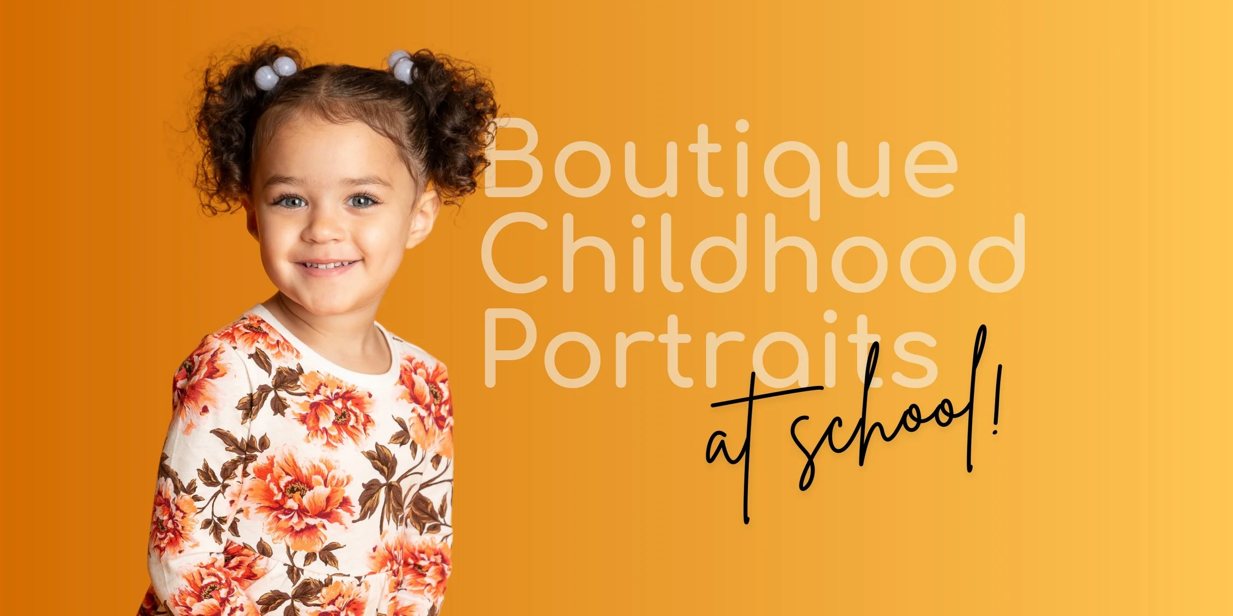 Preschool portrait of a smiling young girl against a warm orange background with the message "Boutique Childhood Portraits at School." ColorPop Portraits specializes in preschool, daycare, and early childhood school photography throughout Ohio.