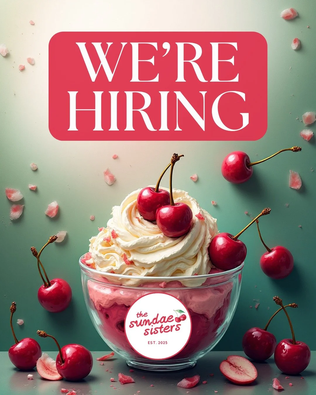 GREAT SUMMER JOB FOR TEACHERS, COLLEGE STUDENTS + HIGH SCHOOL KIDS!

Are YOU a friendly, energetic individual with a LOVE for SWEET TREATS?!? We are growing our team at The Sundae Sisters!

We are hiring for multiple positions with our ice cream serv