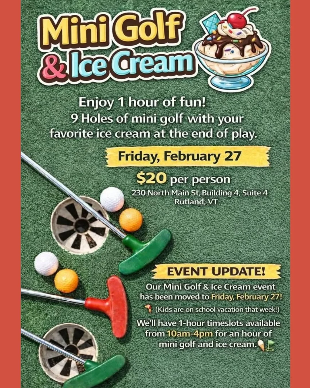 We thought we would do something FUN to help pass the time on February Break! 

Up to 8 people per time slot and includes 9 holes of indoor mini golf and ice cream. 

Reserve your spot today!
https://www.theeventsisters.com/events/putt-scoop