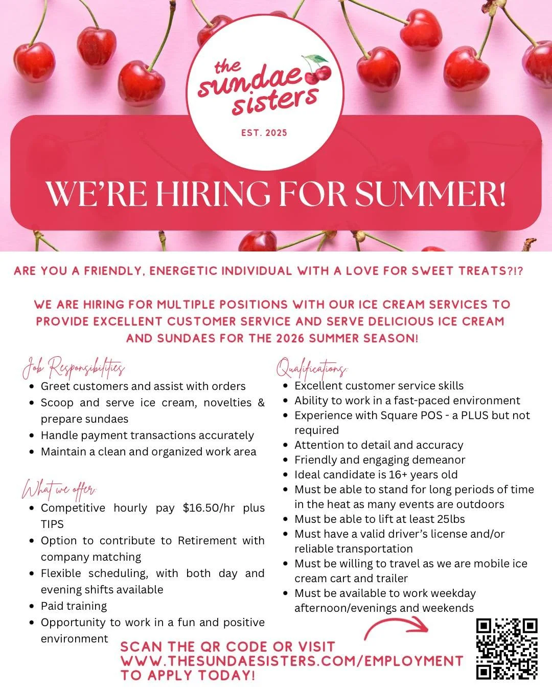 We are still hiring a few more positions! Great opportunity for High School Students, College Students, Teachers or any lovers of ice cream looking for a fun summer job!!