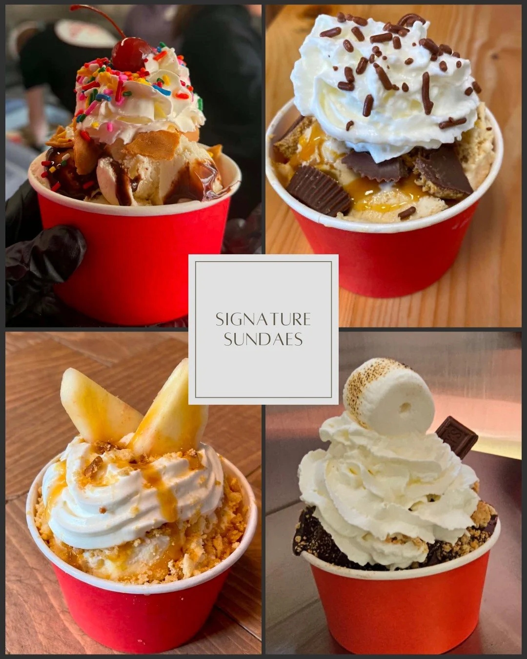 Not your average ice cream cup 🍒

Come check out our signature sundaes - loaded with toppings, whipped cream, and all the sweet extras!

Pictured: 
** The Oopsy Cone Sundae: Your choice of ice cream (this customer chose Vanilla), chocolate sauce, co