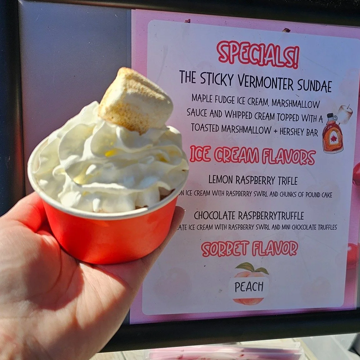 The rain has stopped for the day, so come one out and enjoy some ice cream!  We've got our Sticky Vermonter Sundae on special this weekend.  Maple Fudge ice cream, with marshmallow sauce, whipped cream, and a toasted marshmallow and Hershey bar.  The