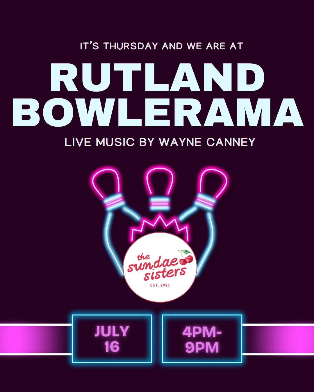 Come on down to Rutland Bowlerama &amp; Ten Pin Lounge TONIGHT!

🎶LIVE Music by Wayne Canney
🌮Delicious Food by The Golden Bull 
🍨 Sweet Treats by Yours Truly 

We hope to see you there!! 

 #icecream #SummerVibes #IceCreamTime #TreatYourself #sum