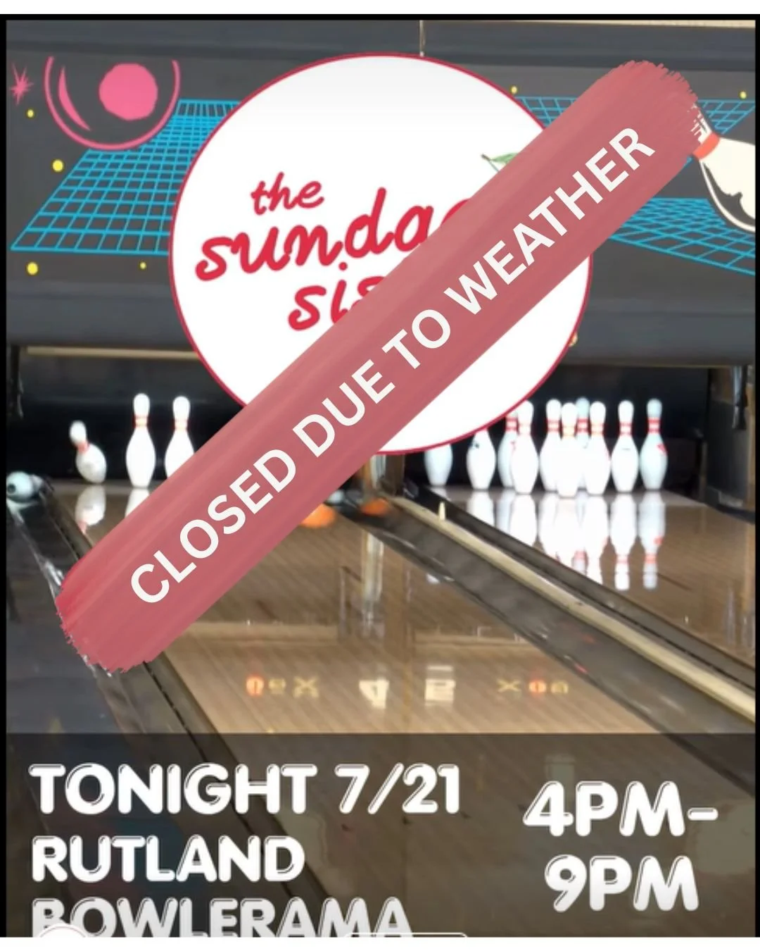 We hoped that the weather would clear, but Mother Nature had other plans.

Both of the Sundae Sisters' locations are CLOSED tonight.  We hope to see you tomorrow for better weather and yummy ice cream.  Our hours for tomorrow (Wednesday) are:
- The T