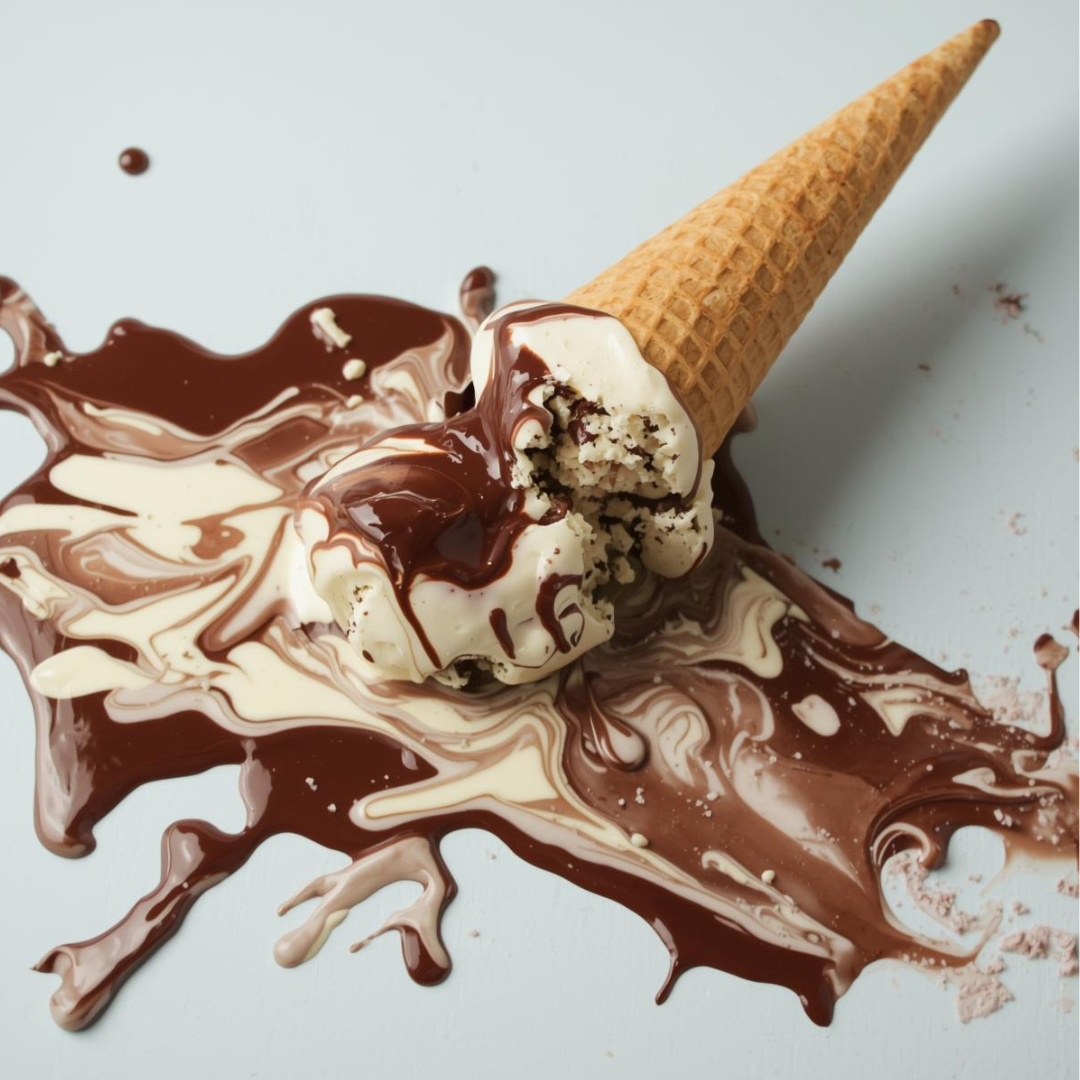 An overturned ice cream cone with vanilla and chocolate swirled ice cream melting on a flat surface, topped with chocolate syrup.