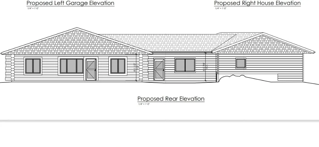 Architectural drawing of a single-story house with proposed front, left garage, and rear elevations, showing exterior details and window placement.