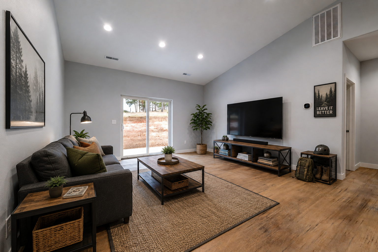Living room with a gray sofa, wooden coffee table, large flat-screen TV, and sliding glass door leading outside, decorated with plants, wall art, and a area rug.