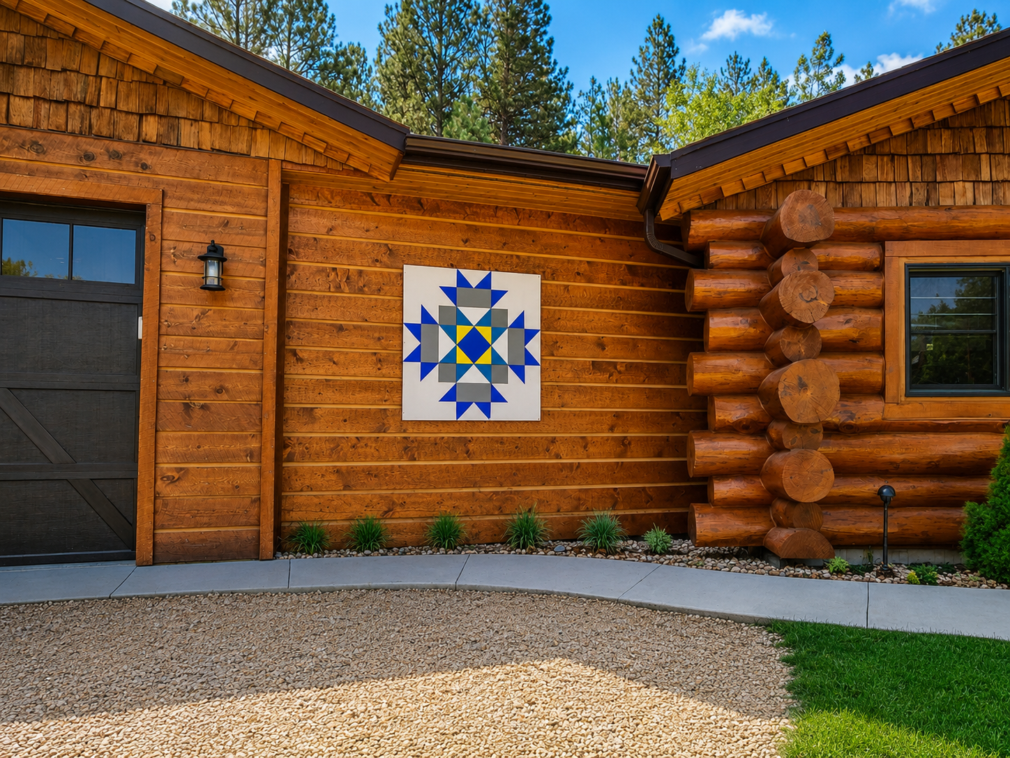 Close-up of a wooden log cabin exterior with a colorful geometric wall hanging, small plants along the base, and a curved concrete pathway in front. Pine trees are in the background under a clear blue sky.