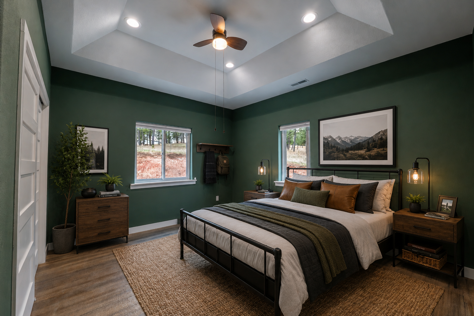 A modern bedroom with green walls, a black metal bed frame, and layered bedding with green, brown, and black pillows. There are two nightstands with lamps and plants, a framed mountain landscape picture above the bed, and two windows showing an outdoor landscape. A ceiling fan and recessed lighting are also visible.