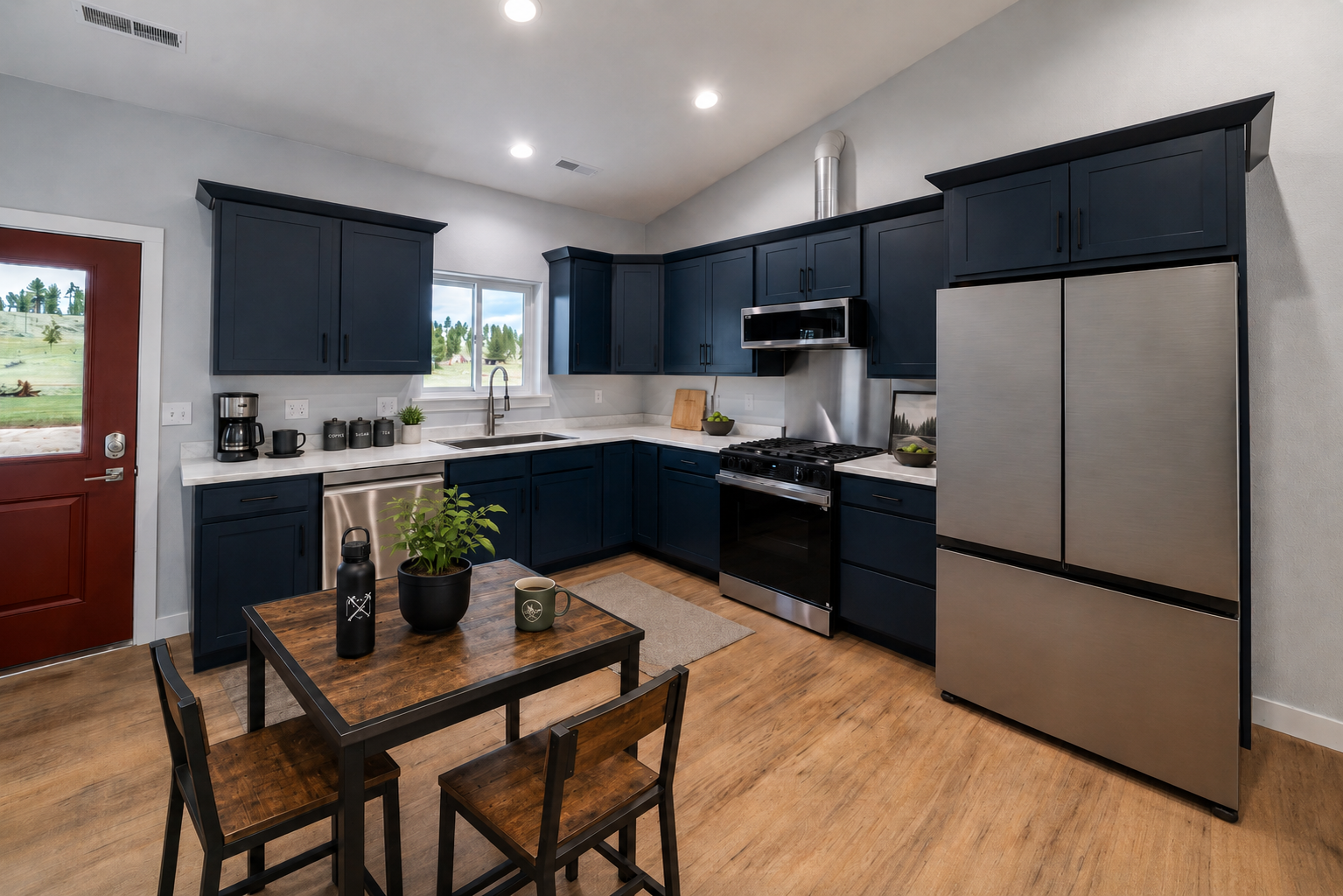 Modern kitchen with blue cabinets, stainless steel appliances, wooden floor, small dining table with chairs, and decorative items.