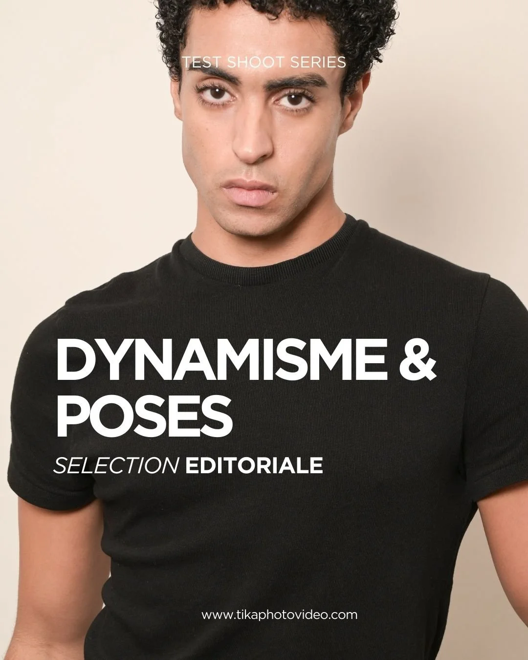 Portrait d'un New Face avec une expression sérieuse portant un t-shirt noir, texte superposé "Dynamisme & Posés", et autres inscriptions.''