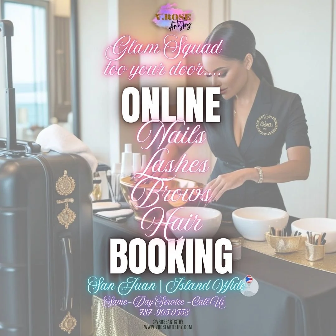Anuncio de servicios de uñas, pestañas, cejas, cabello y maquillaje en línea, en San Juan, con contacto y detalles de la empresa V. Rose Artistry.