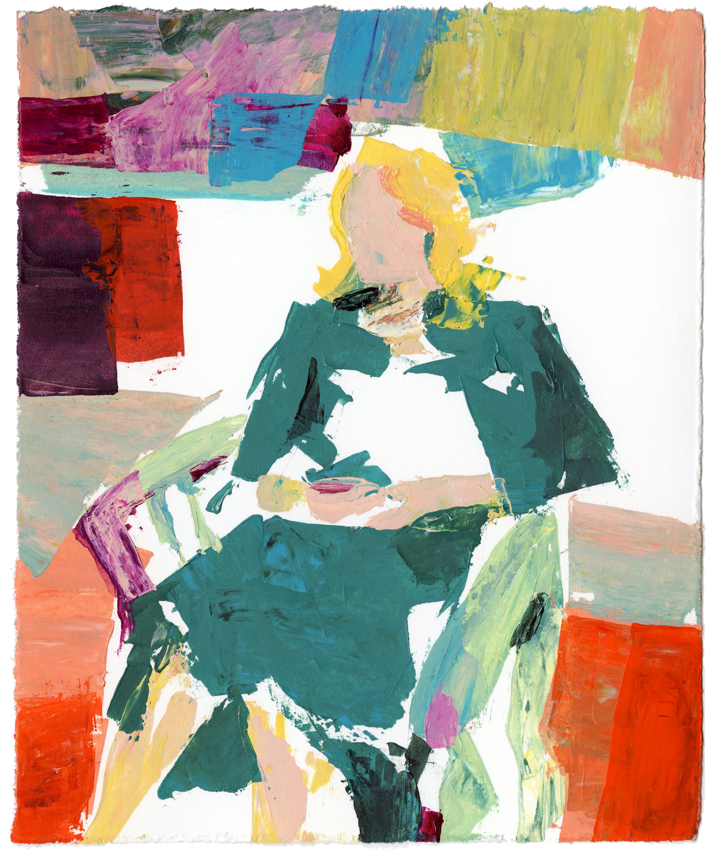 colorful abstract painting of a seated woman in a green outfit drinking a coffee