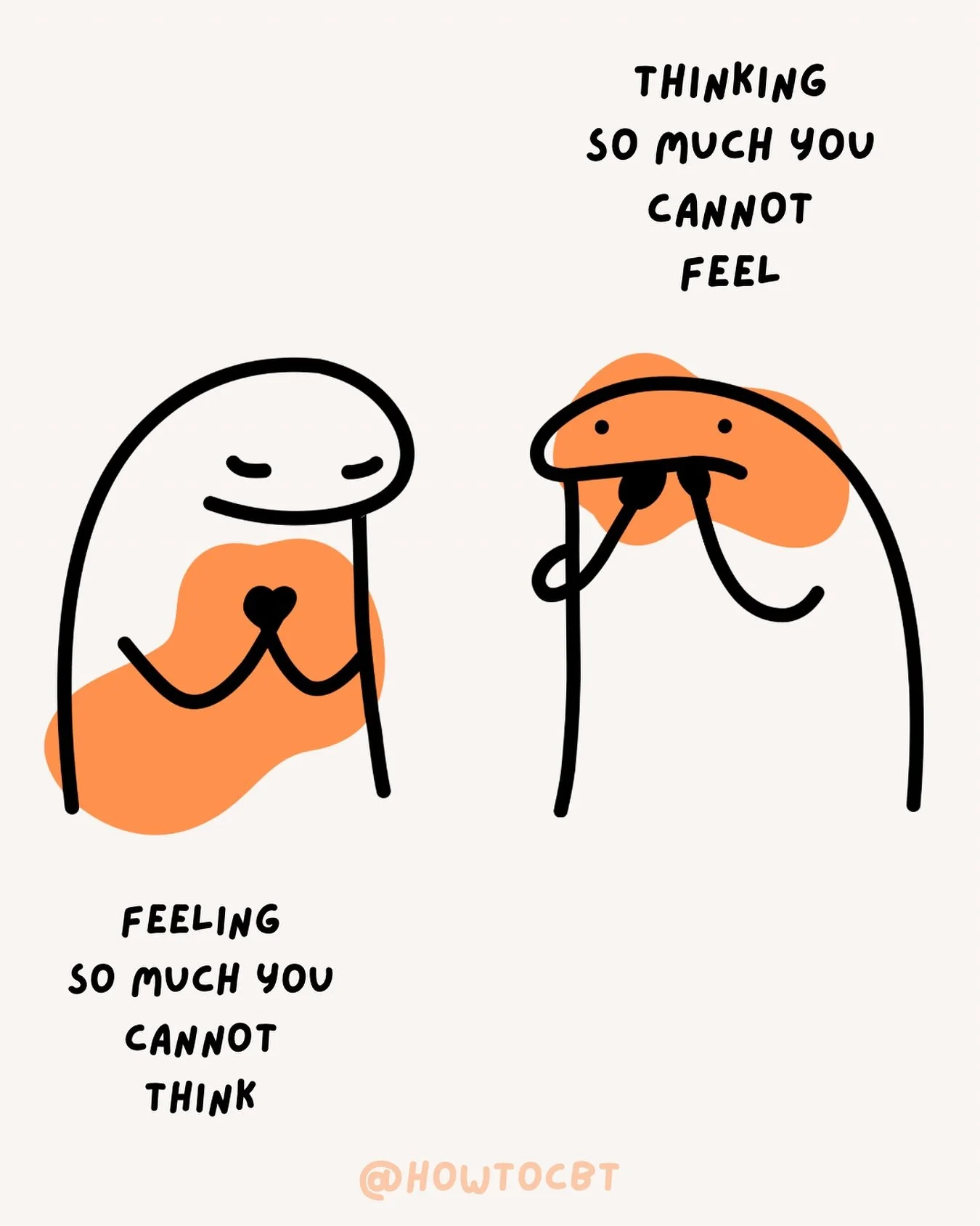 ⚖️ Feelings vs Thoughts (Finding the Balance)
In CBT, both FEELINGS & THOUGHTS matter. But it’s easy to lean too far in one direction.
Sometimes we let our emotions completely take the lead. For example, if you feel anxious before a socia